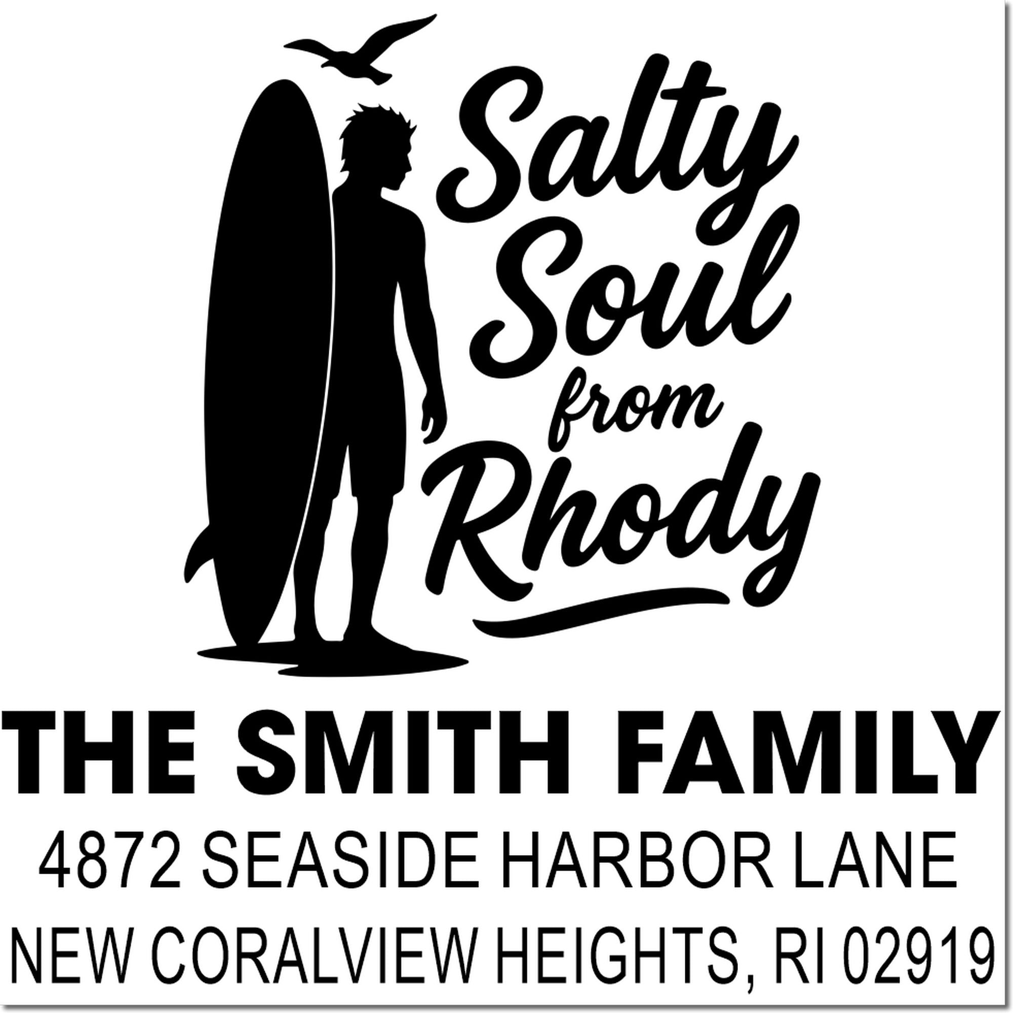 Personalized coastal family return address rubber stamp with surfer silhouette, Salty Soul from Rhodey design, and address