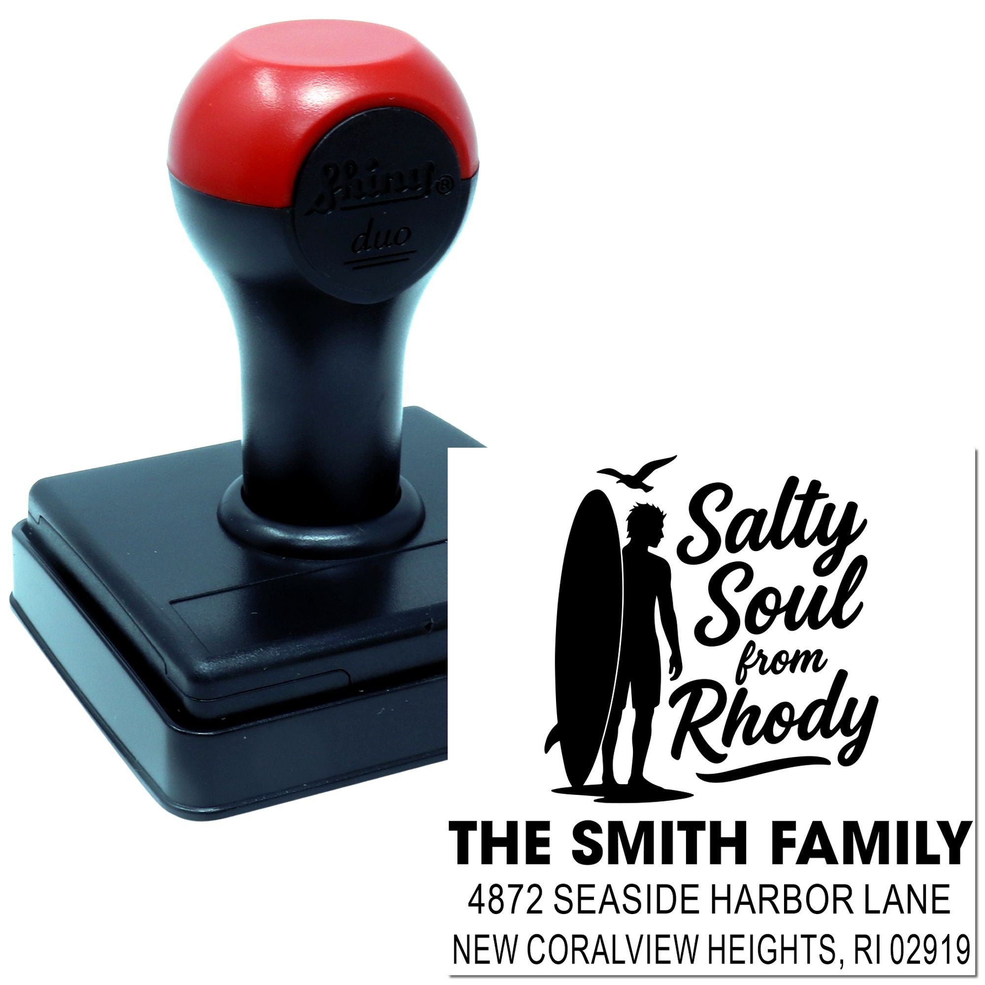 Personalized self-inking rubber stamp with surfboard family address design and custom name imprint for return mailing.
