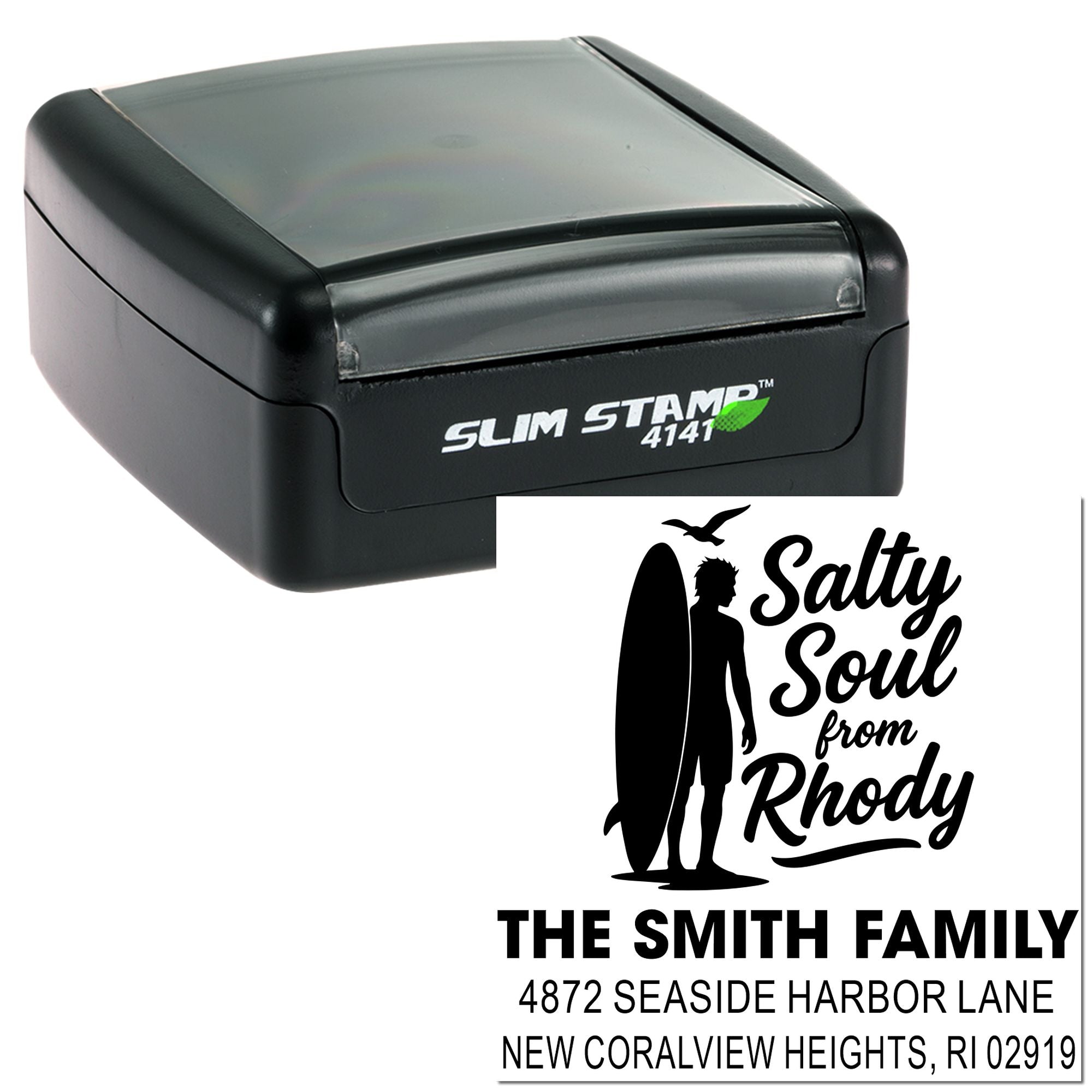 Custom self-inking rubber address stamp with surfer silhouette and personalized family return address design.