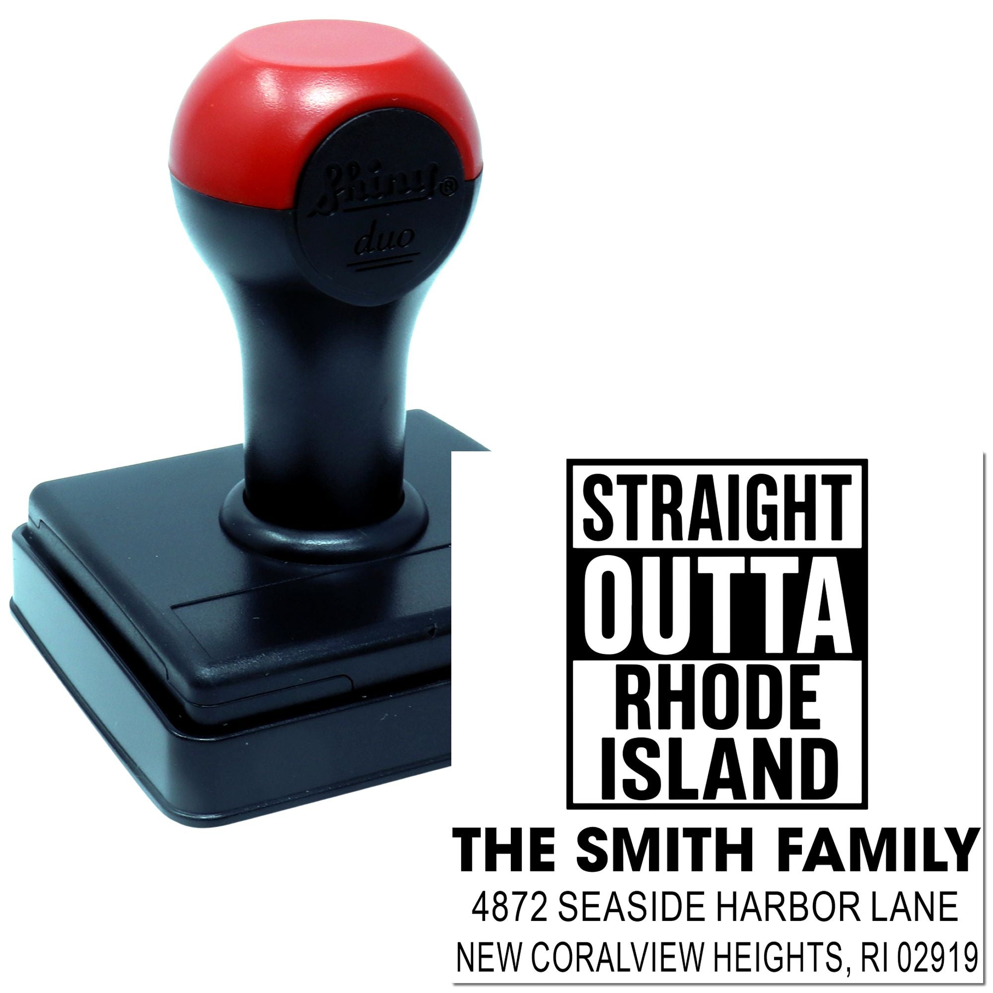 Custom self-inking rubber address stamp for The Smith Family, featuring a Straight Outta Rhode Island return address design.