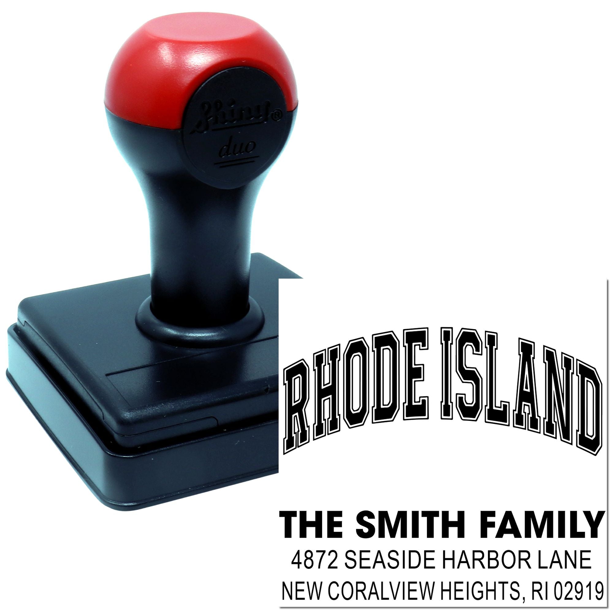 Custom self-inking rubber stamp with Rhode Island return address imprint for the Smith family.