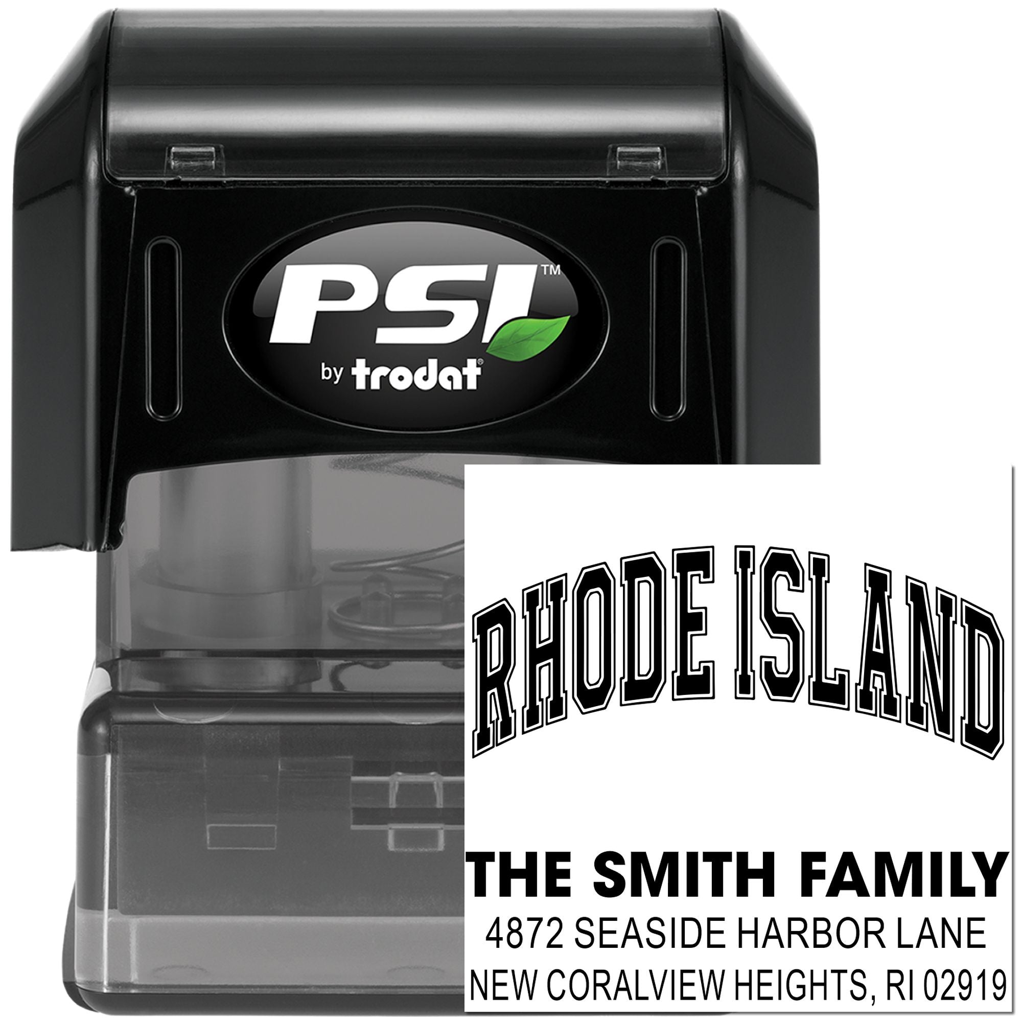 PSI by Trodat self-inking custom address rubber stamp with Rhode Island family return address design and bold curved text.