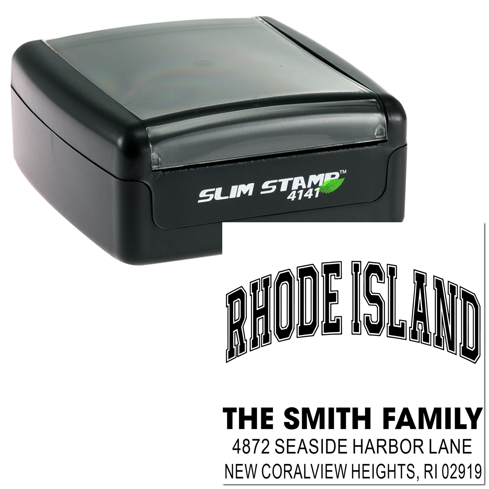 Personalized Rhode Island family return address rubber stamp with self-inking Slim Stamp.