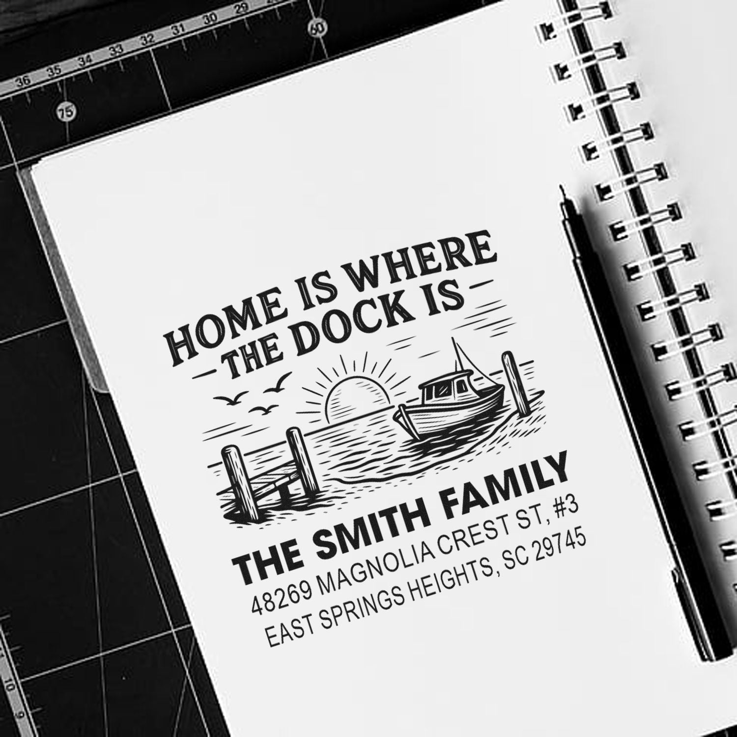 Personalized custom rubber stamp with Home Is Where the Dock Is lake house return address for The Smith Family.