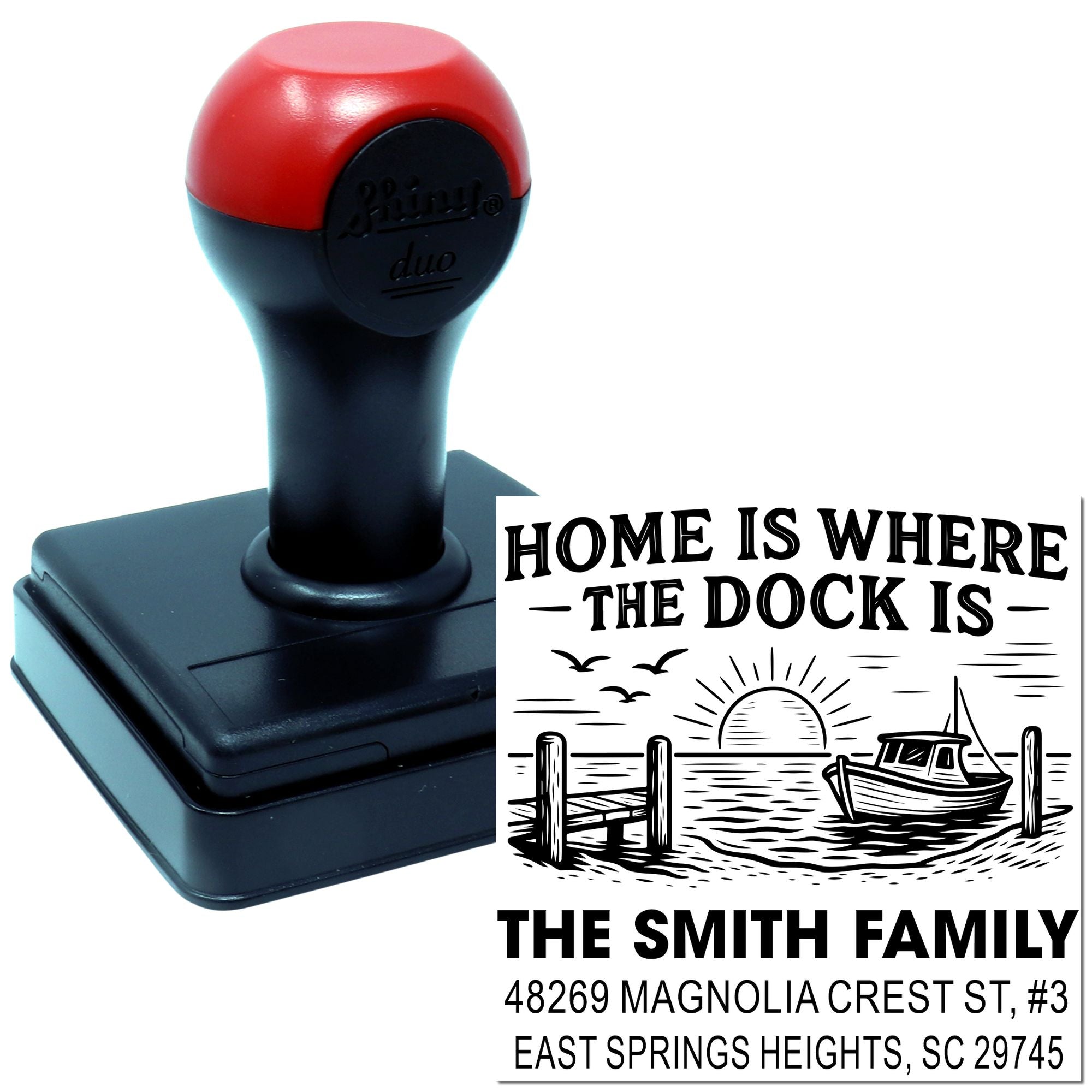 Personalized address rubber stamp with dock-themed design for The Smith Family, perfect for custom return address labeling.