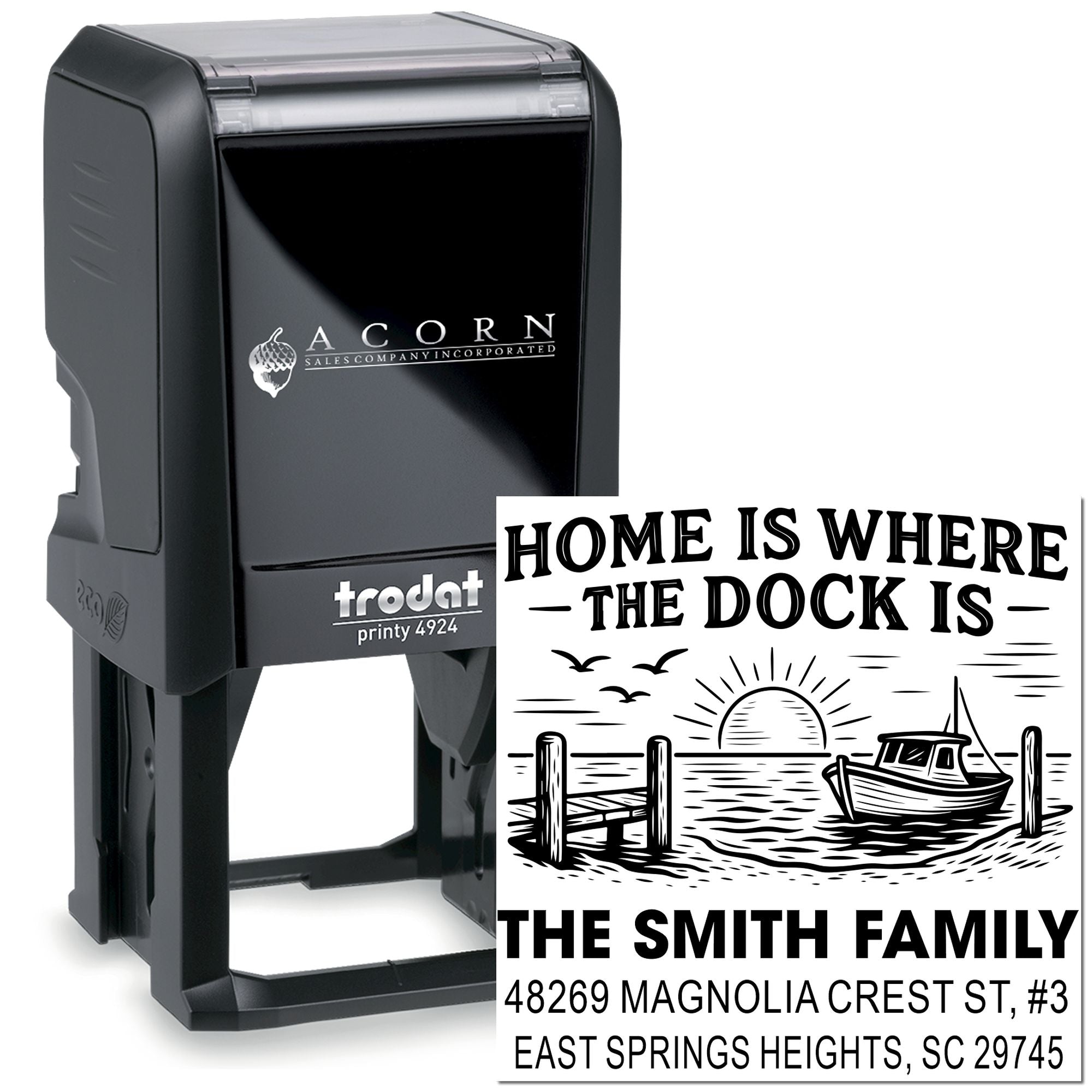 Custom self-inking rubber stamp with nautical Home Is Where the Dock Is family address design for housewarming and mail use