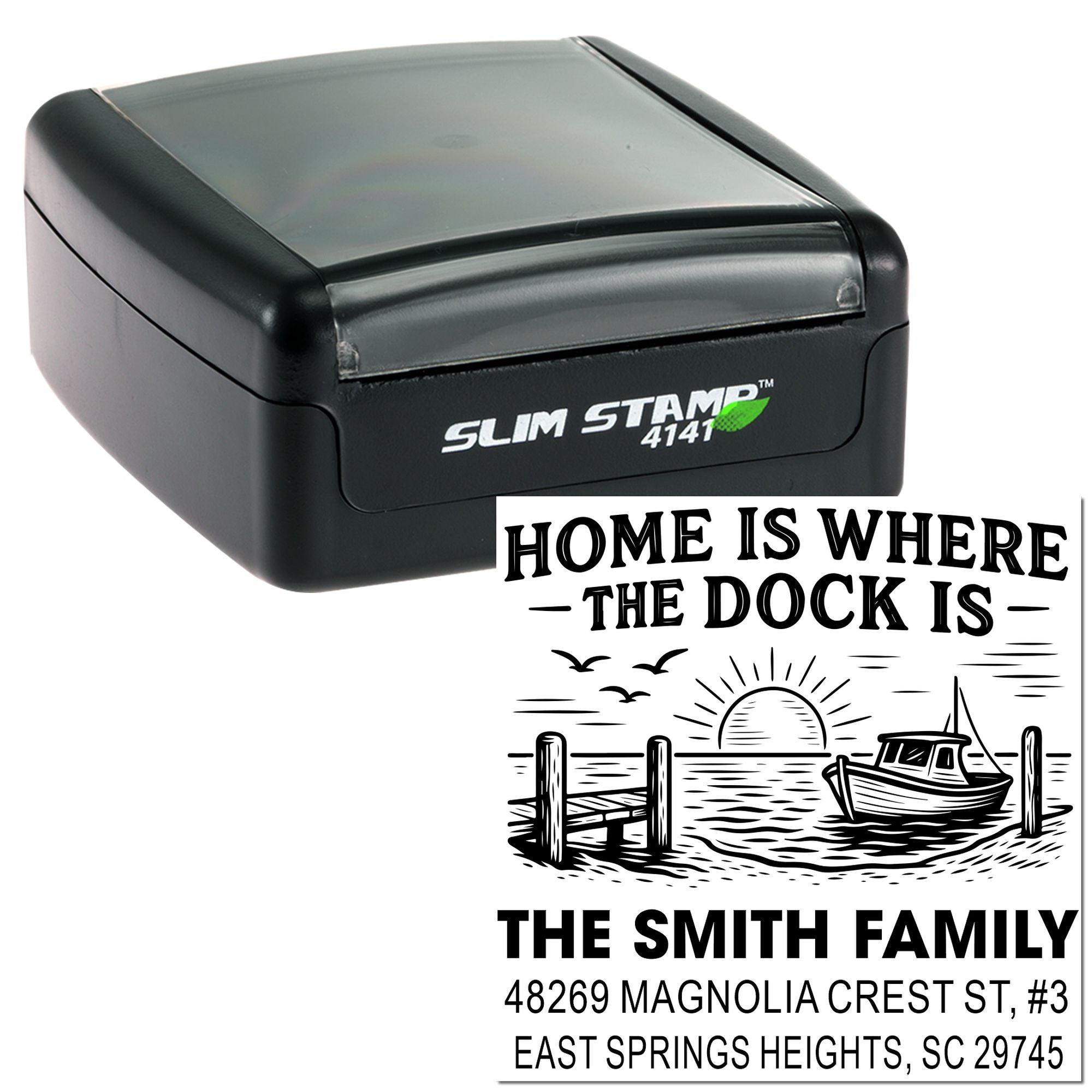 Custom self-inking address rubber stamp with dock-themed design, The Smith Family name and home address.