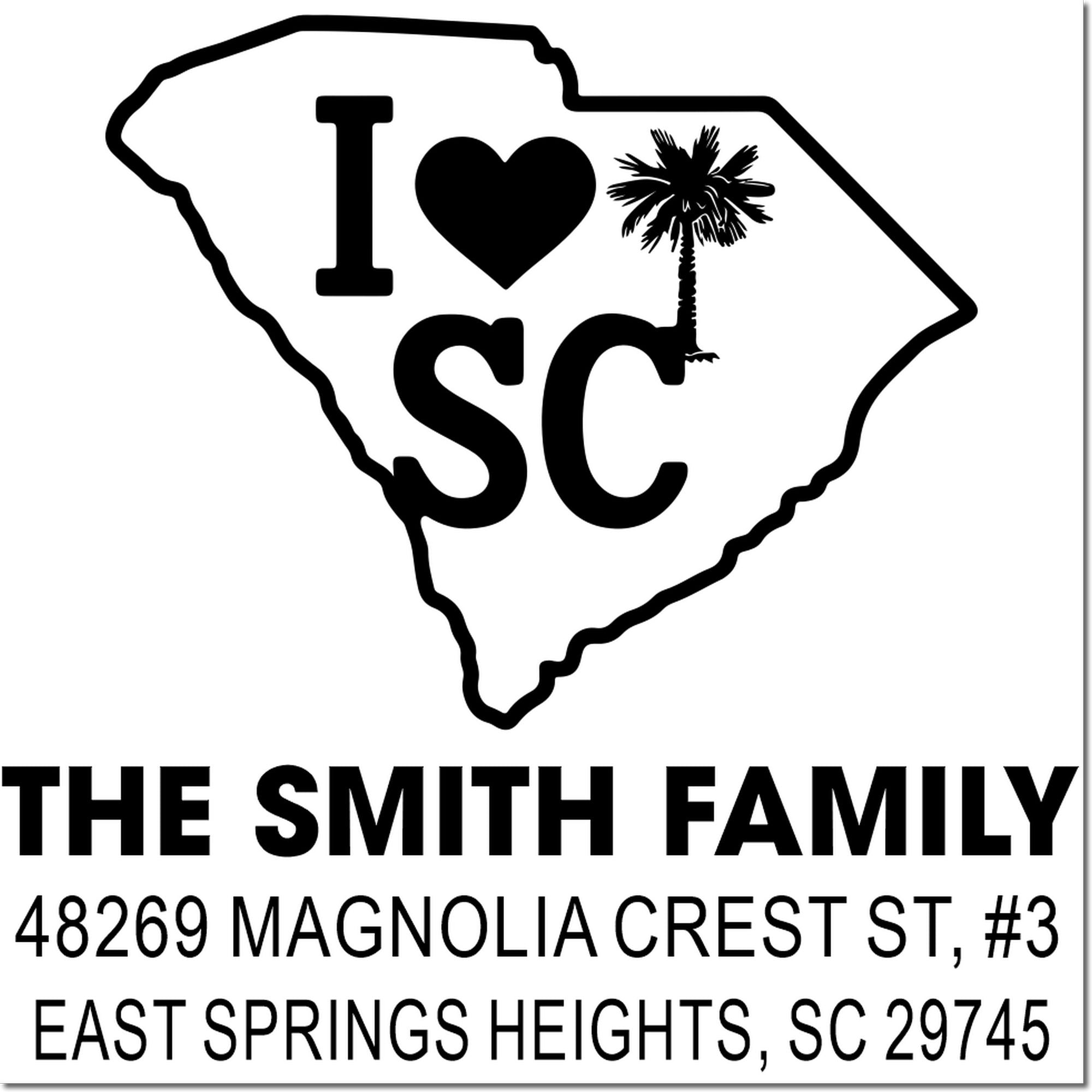 Custom South Carolina family return address rubber stamp with I love SC design, palm tree, and Magnolia Crest address.