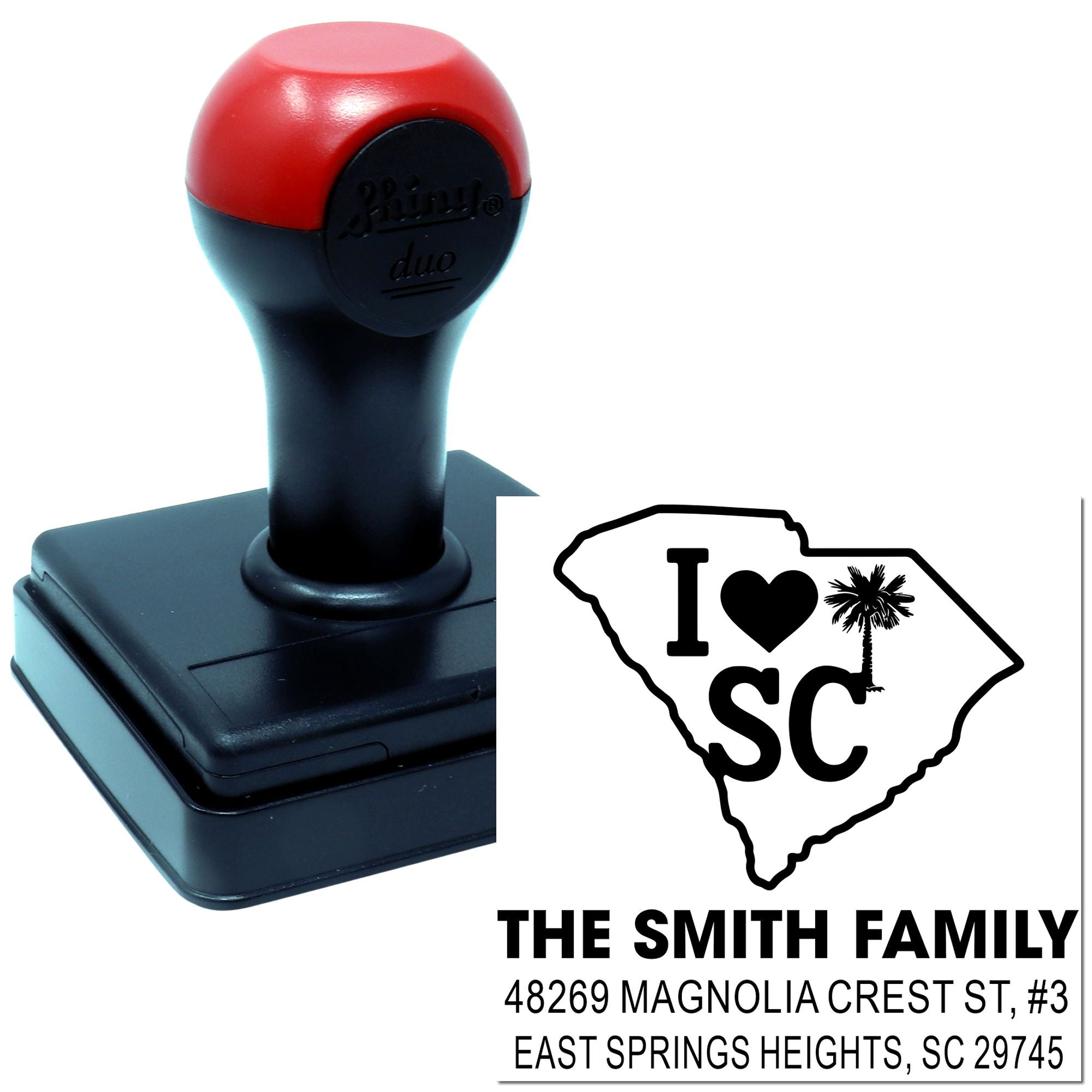 Personalized self-inking South Carolina rubber stamp with custom family name, address, and I heart SC design.
