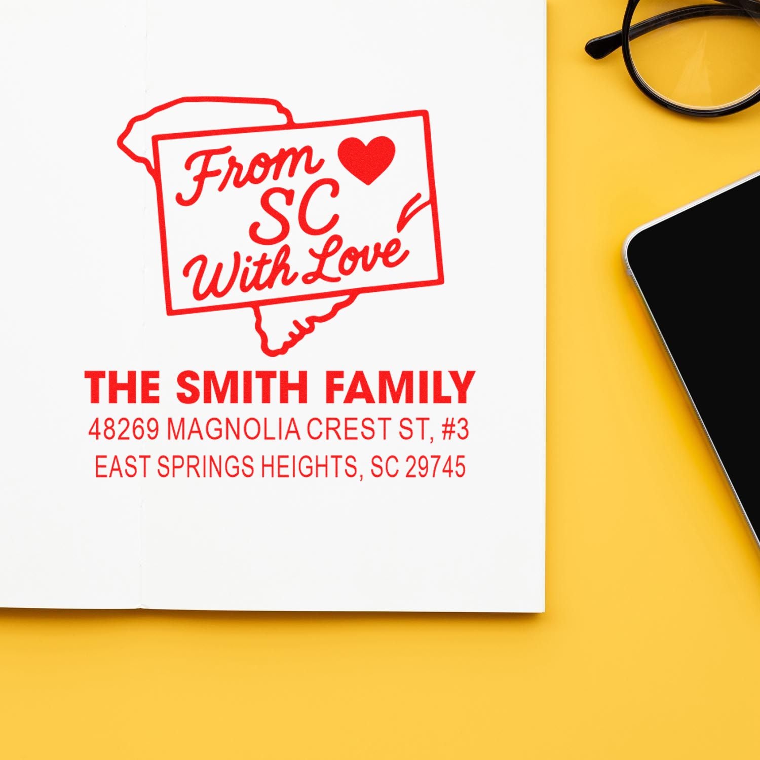 Personalized South Carolina return address rubber stamp with From SC With Love and The Smith Family address.