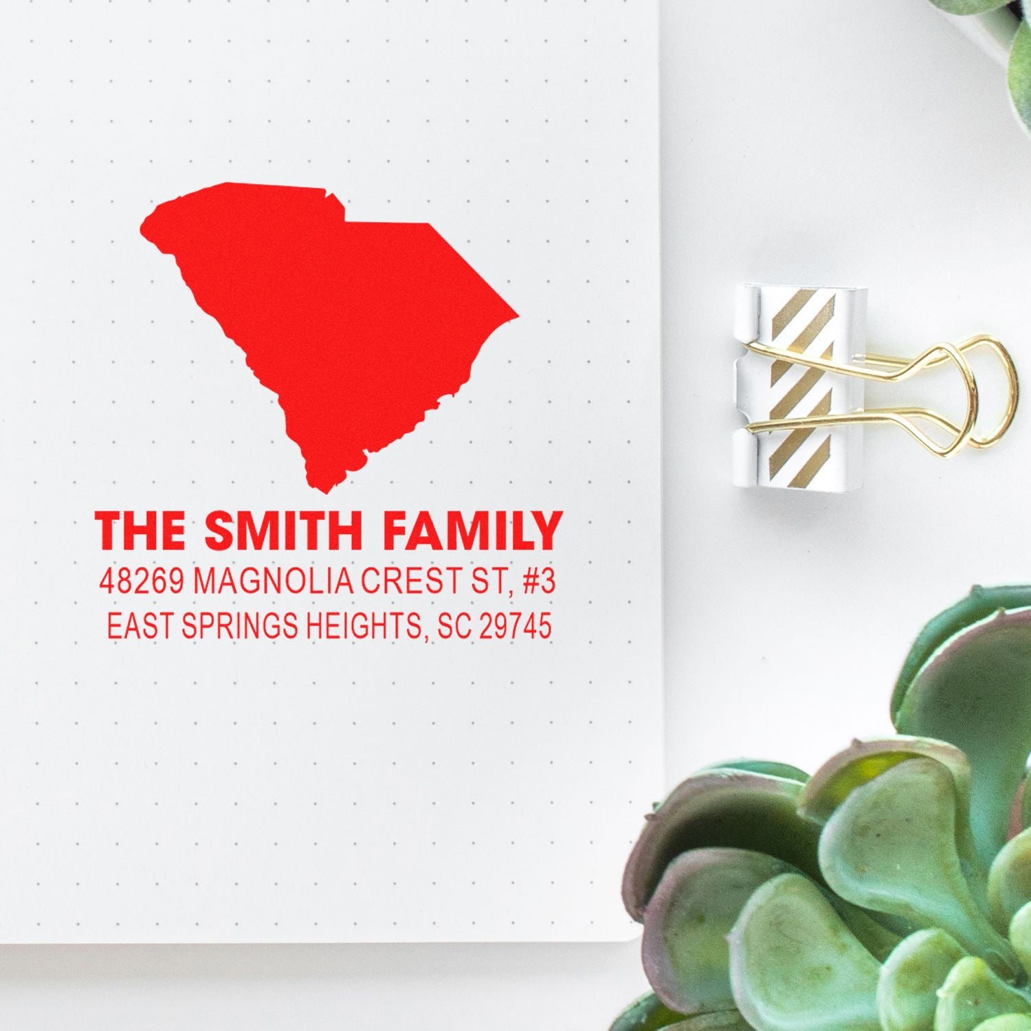 Custom South Carolina return address rubber stamp with family name and mailing address for personalized stationery.