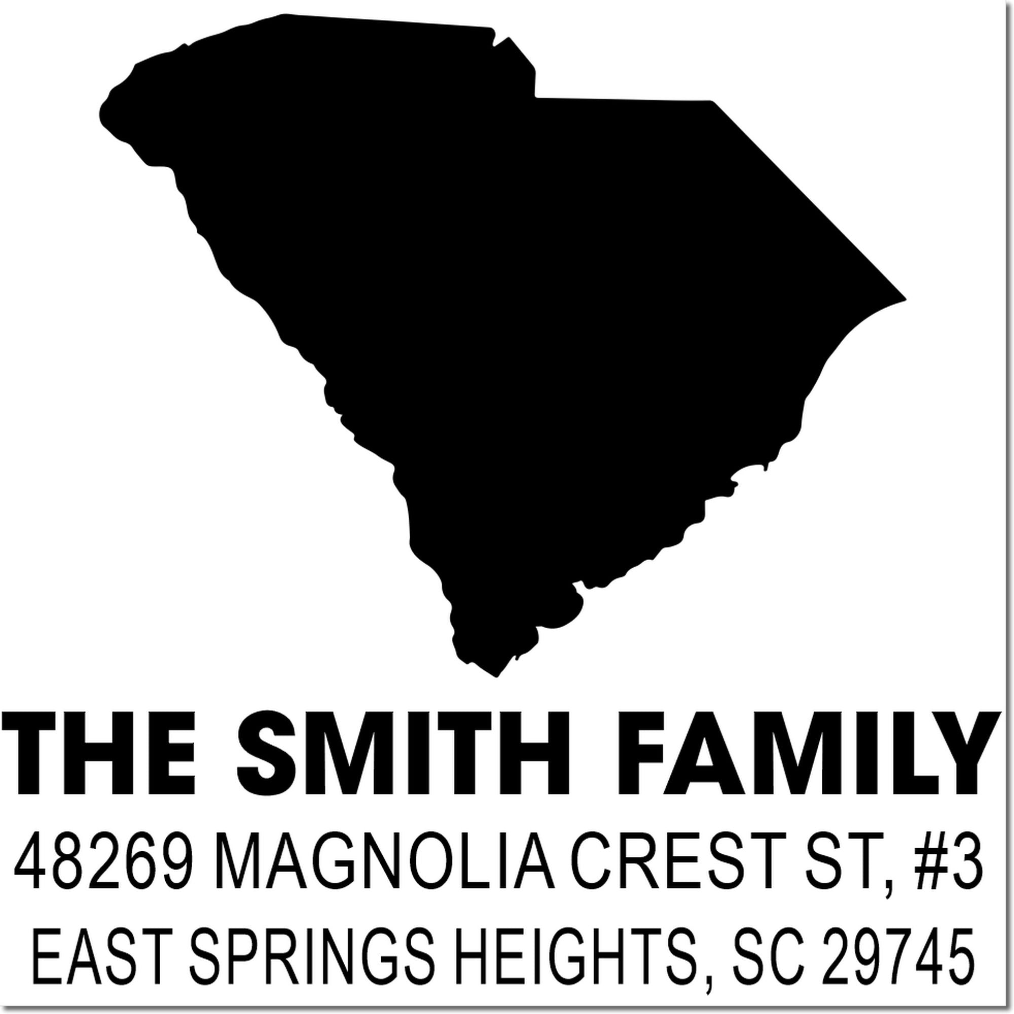 Custom South Carolina address rubber stamp for The Smith Family, Magnolia Crest St., East Springs Heights, SC 29745.