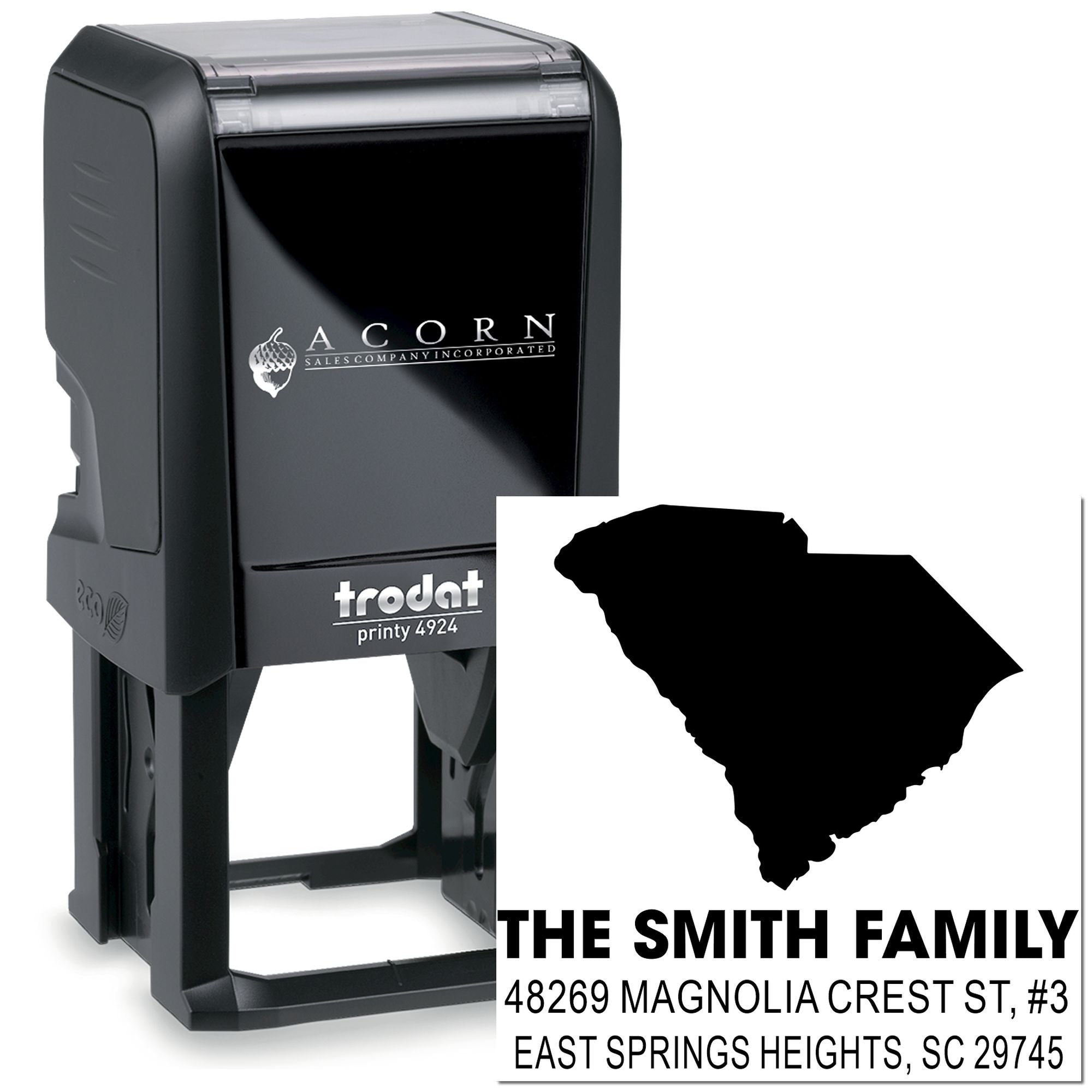 Custom self-inking rubber stamp with South Carolina family address design, ideal for return address and mailing use.