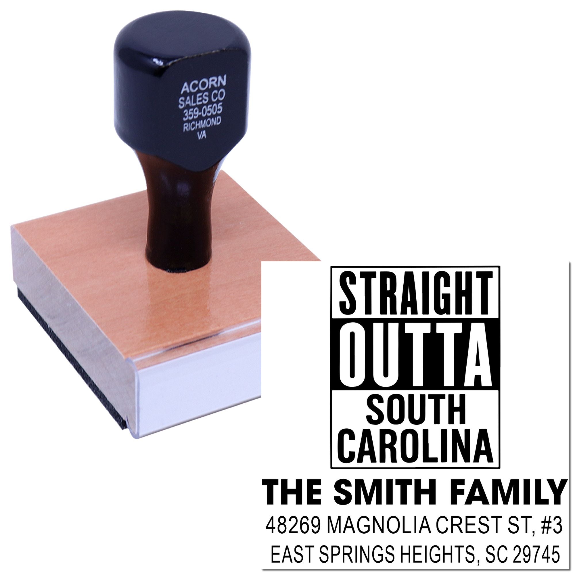 Custom South Carolina family address rubber stamp with straight outline design and personalized name and address imprint.