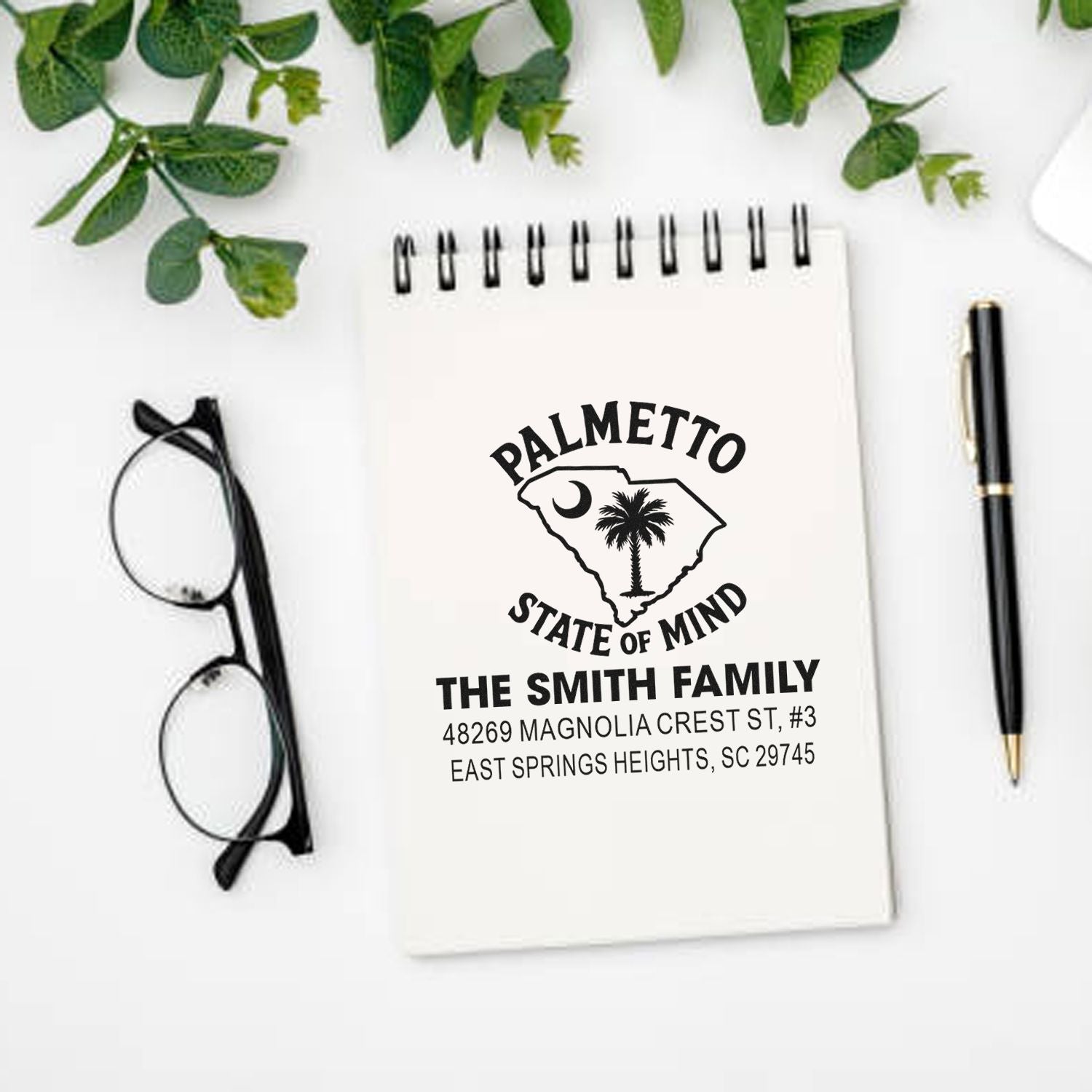 Custom South Carolina return address rubber stamp with Palmetto State of Mind design for Smith family stationery.