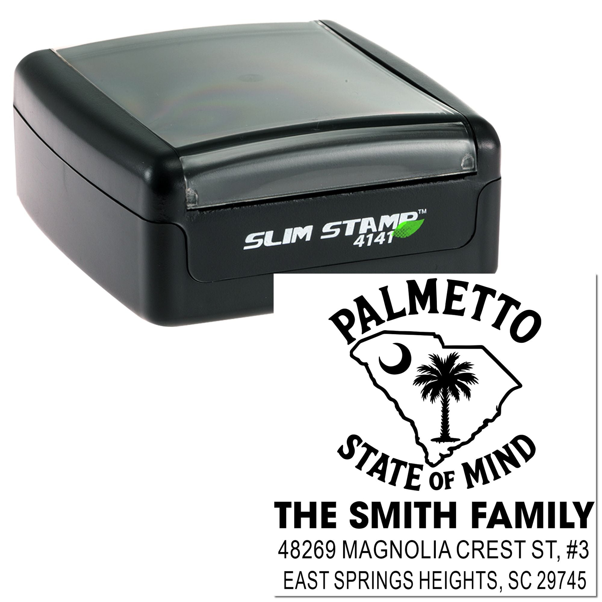 Custom South Carolina Palmetto family return address self-inking rubber stamp with slim stamp case.