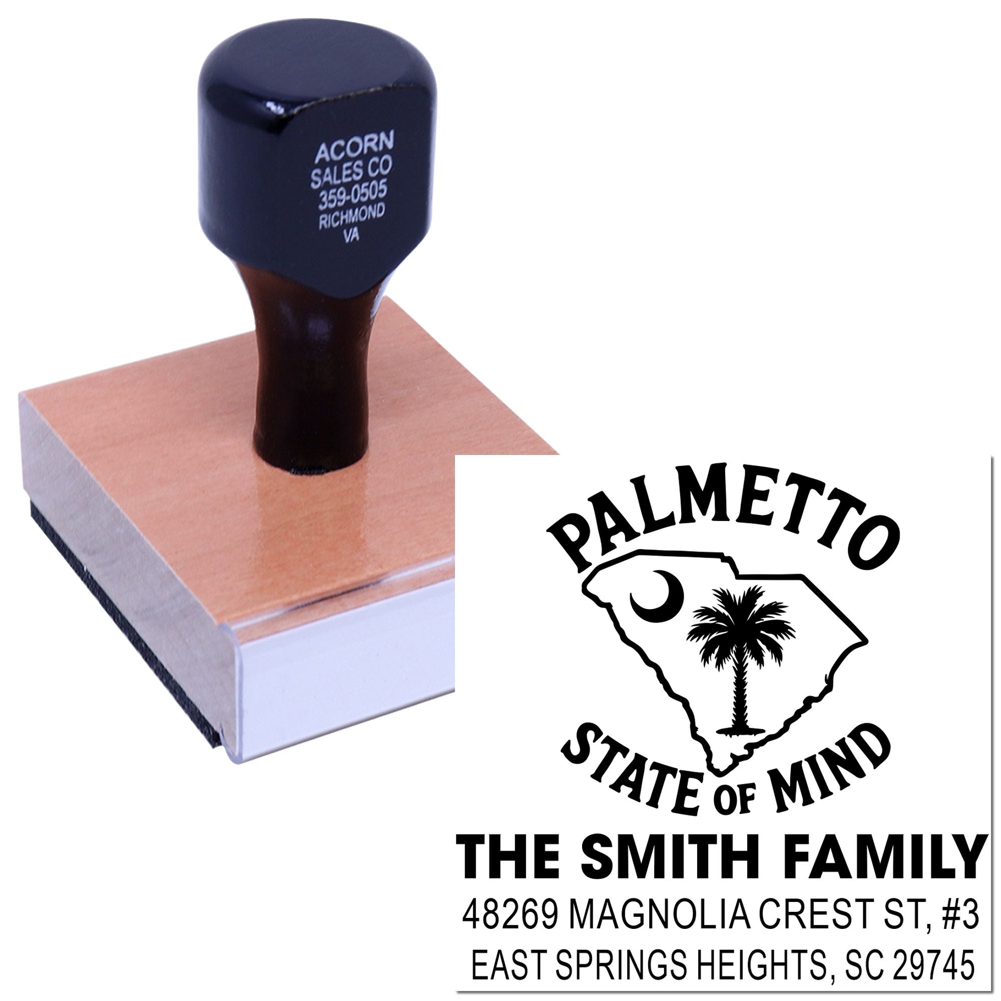 Personalized rubber address stamp showing South Carolina Palmetto State of Mind family design with custom return address.