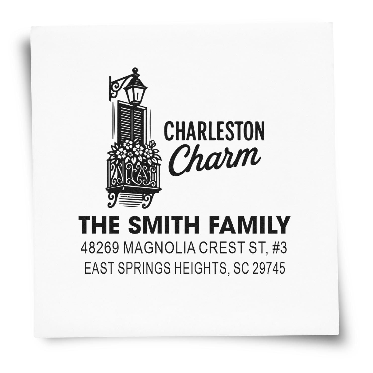 Custom address rubber stamp featuring Charleston Charm, The Smith Family, and home address for personalized mailing.