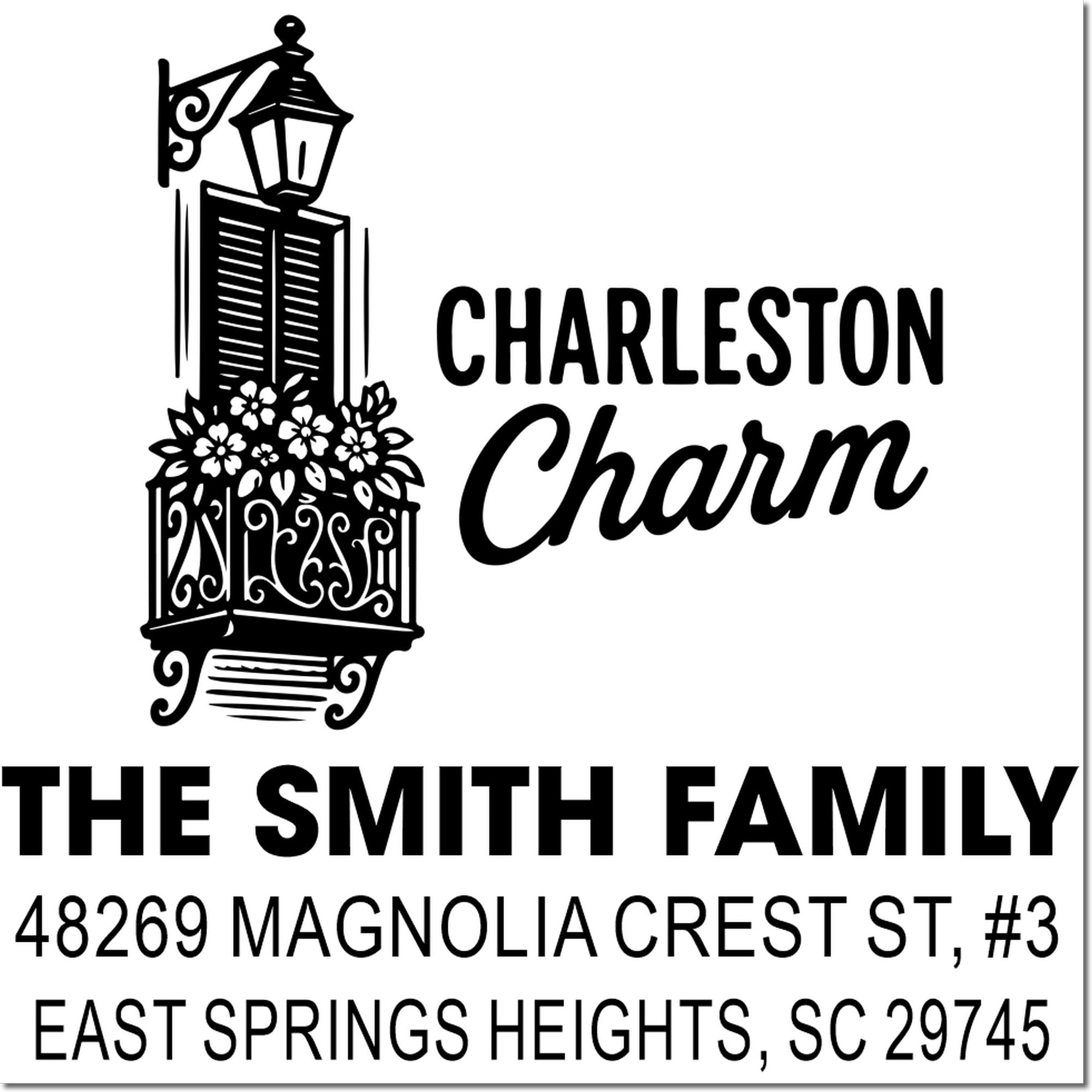 Personalized Charleston Charm family address rubber stamp with lantern and floral design for home mailings.