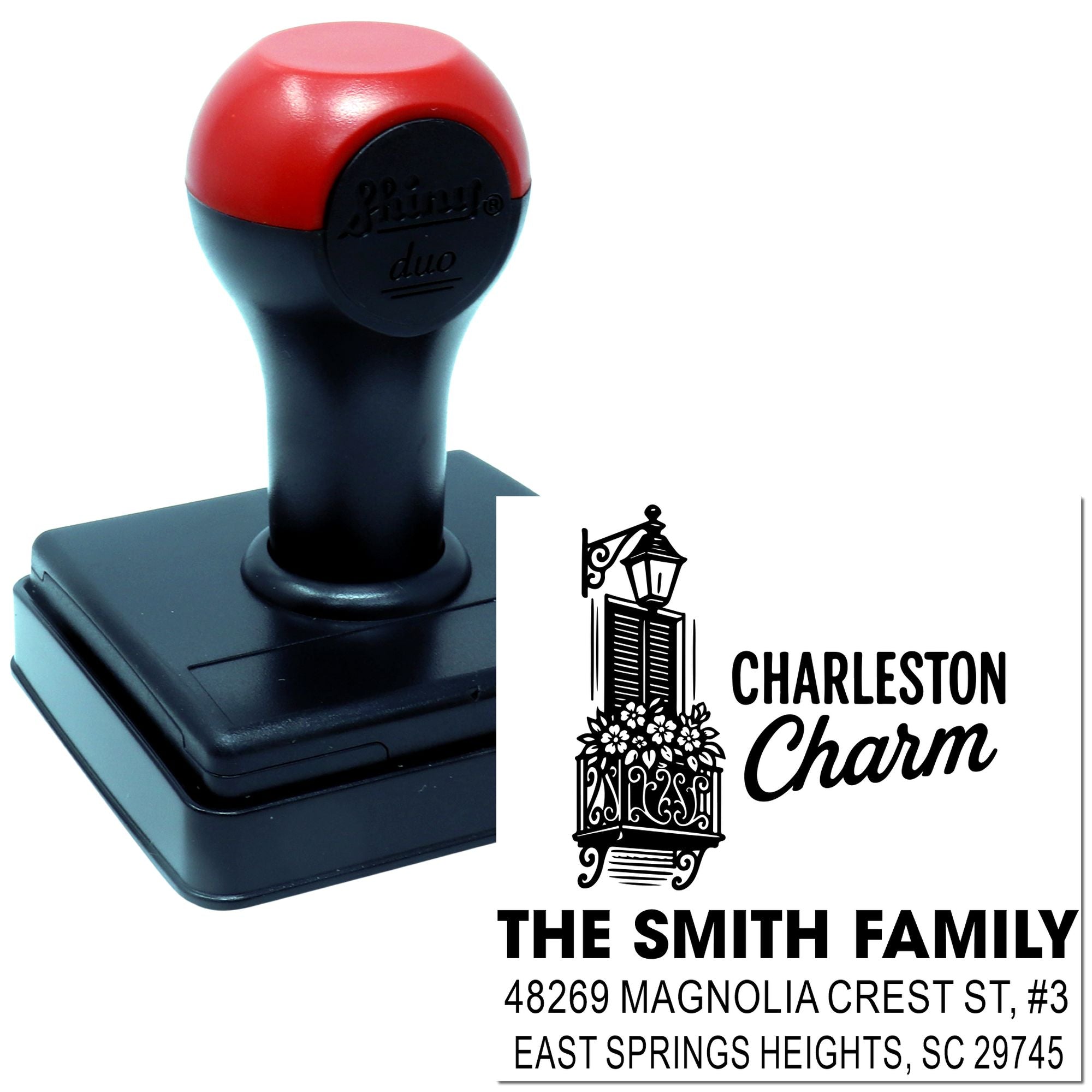 Self-inking custom rubber address stamp with Charleston Charm design and Smith family return address imprint