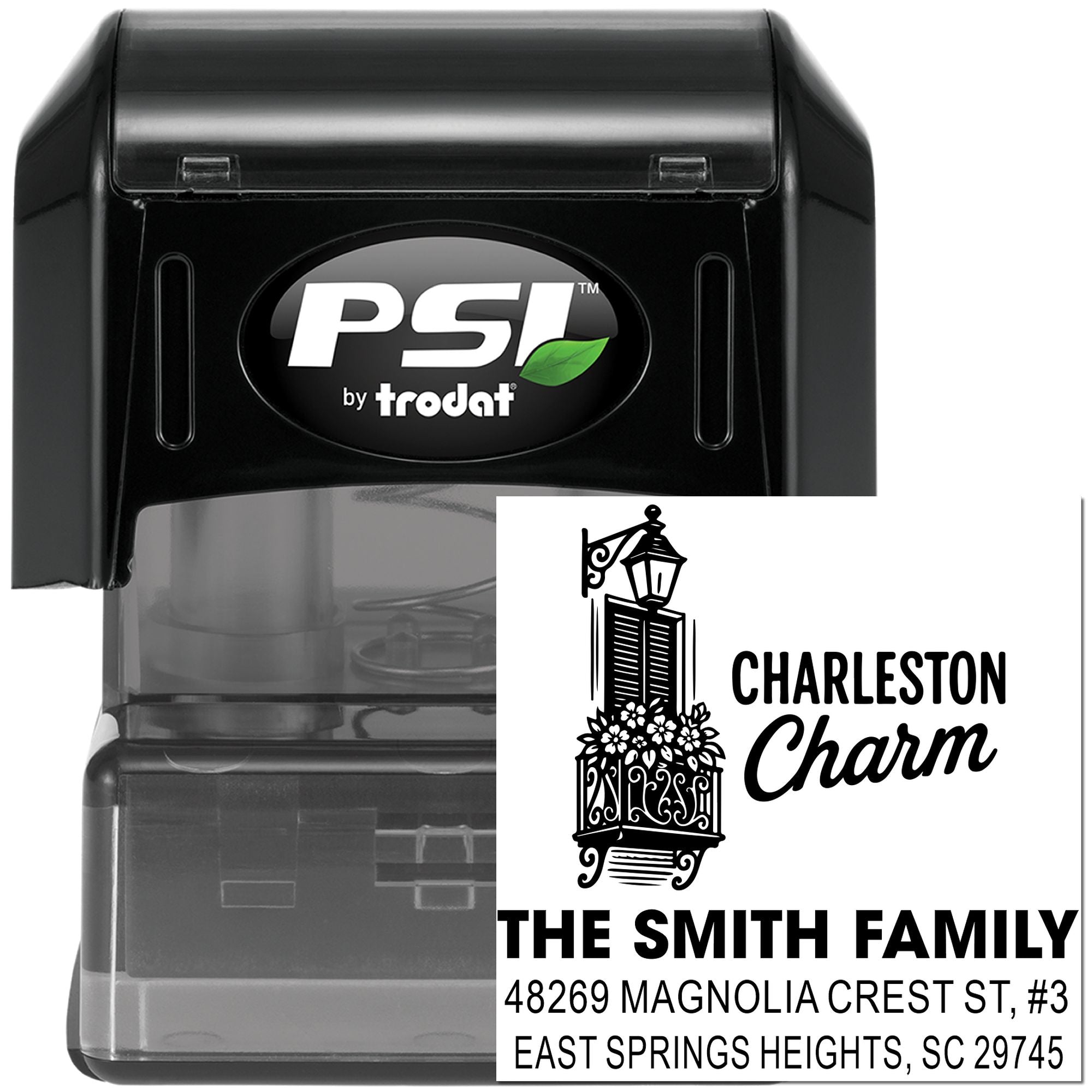 PSI by Trodat self-inking rubber address stamp with Charleston Charm design and custom family name and address imprint.