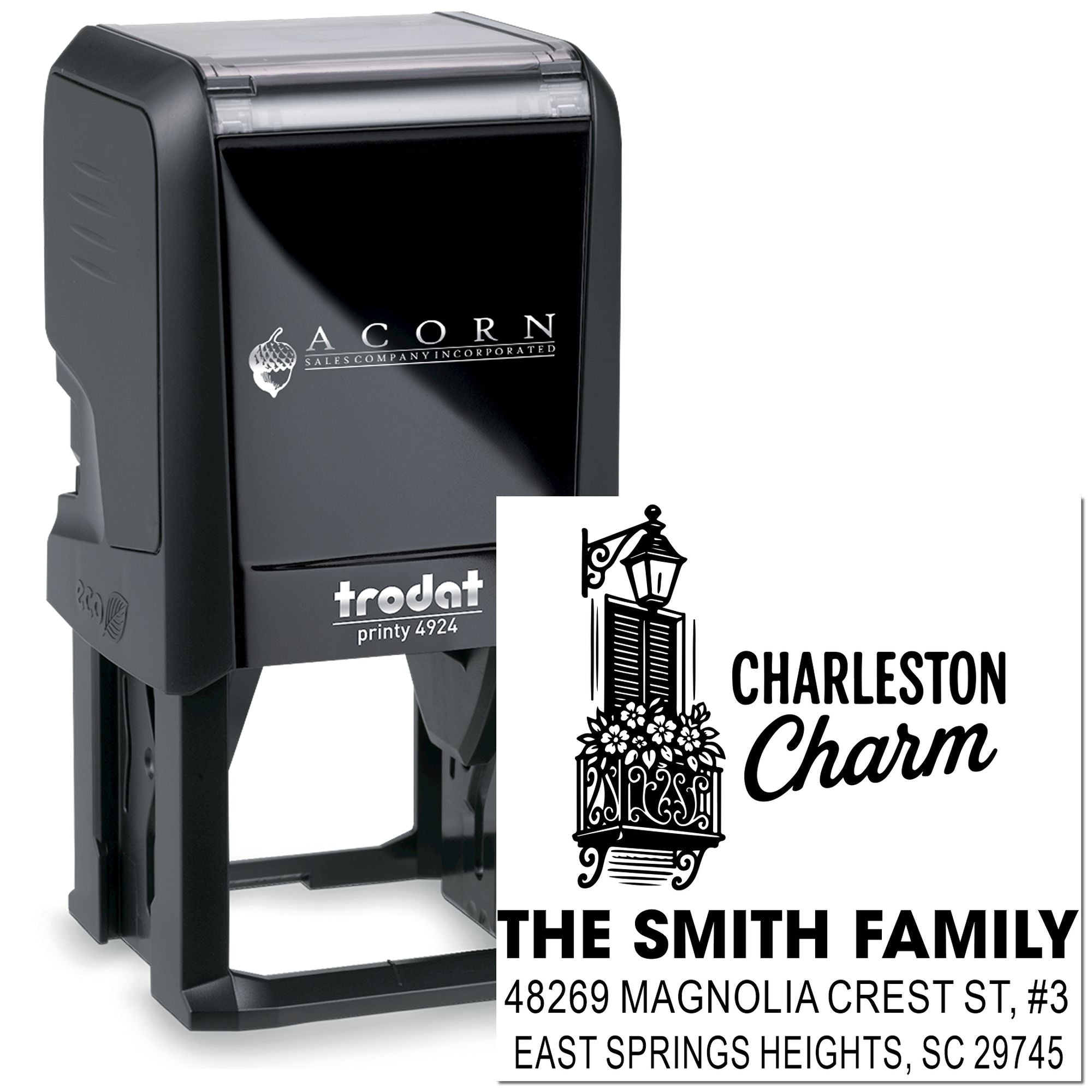 Custom self-inking rubber address stamp with Charleston Charm family design and lantern graphic, Trodat Printy 4924.