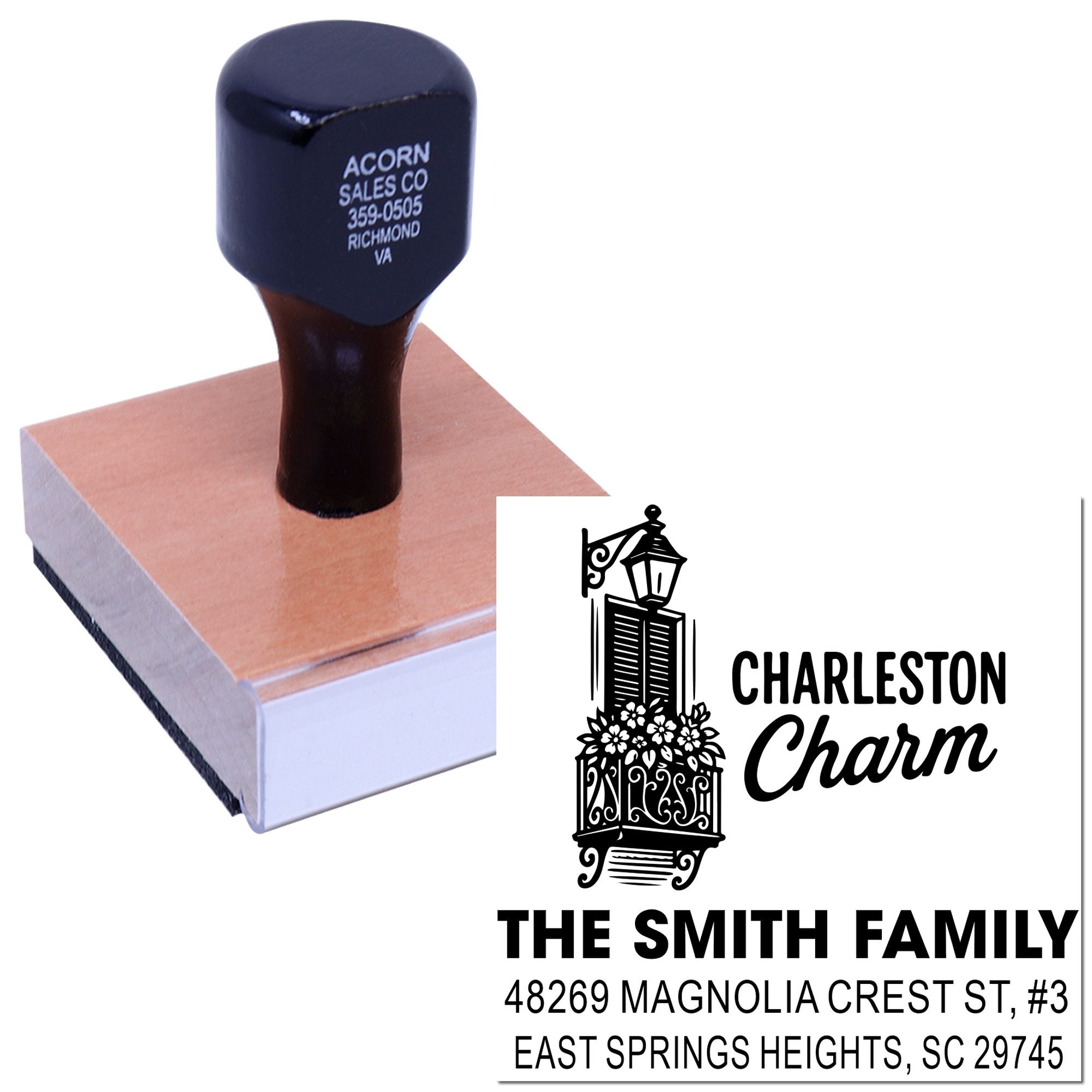 Custom self-inking rubber address stamp with Charleston Charm design for The Smith Family return address and mailing use.