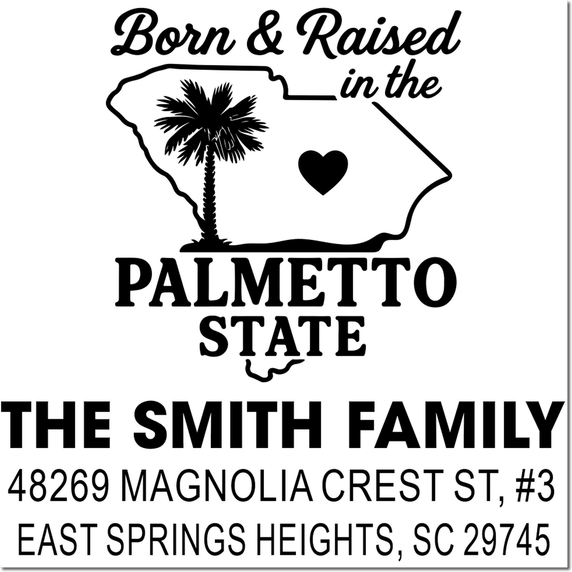 Custom South Carolina family address rubber stamp with Palmetto State design, palm tree silhouette, and The Smith Family address.