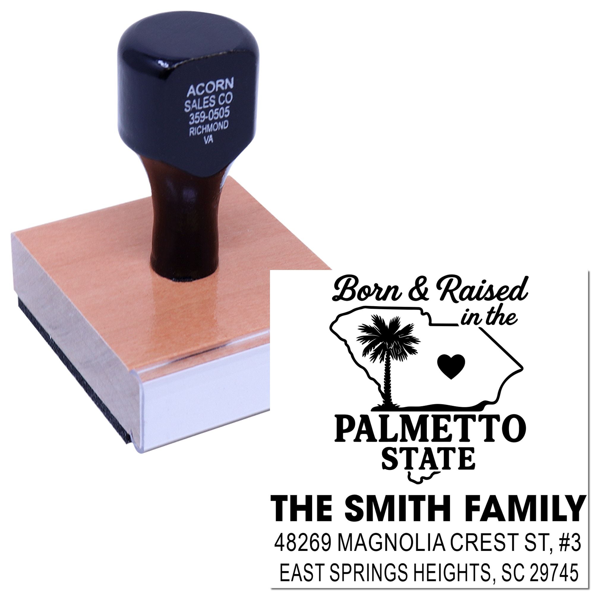 Custom rubber address stamp with South Carolina state design for personalized family mail, stationery, and crafting.