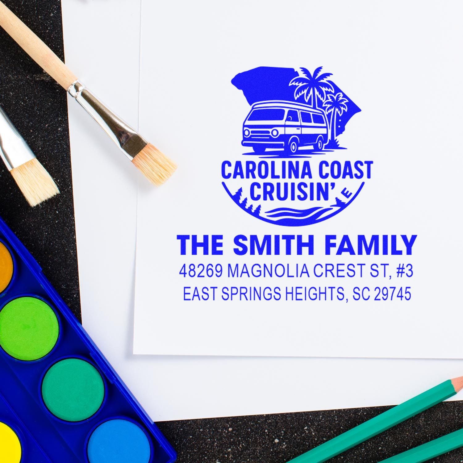 Custom address rubber stamp with Carolina Coast Cruisin' van design and The Smith Family return address.