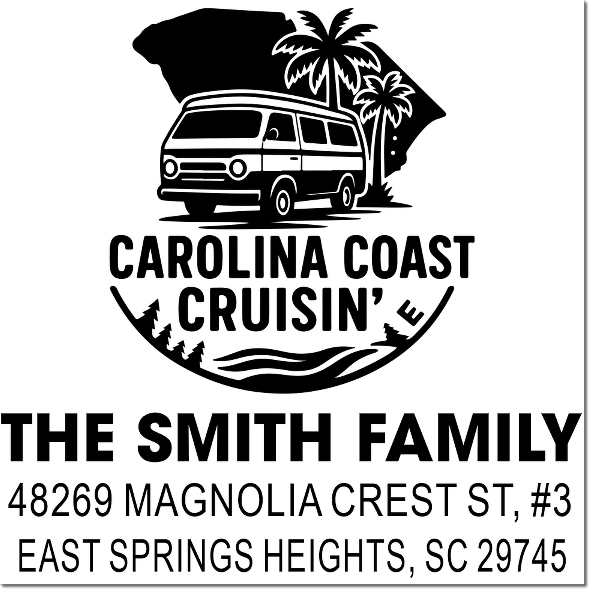 Custom return address rubber stamp for The Smith Family, Carolina Coast Cruisin' design with South Carolina beach van.