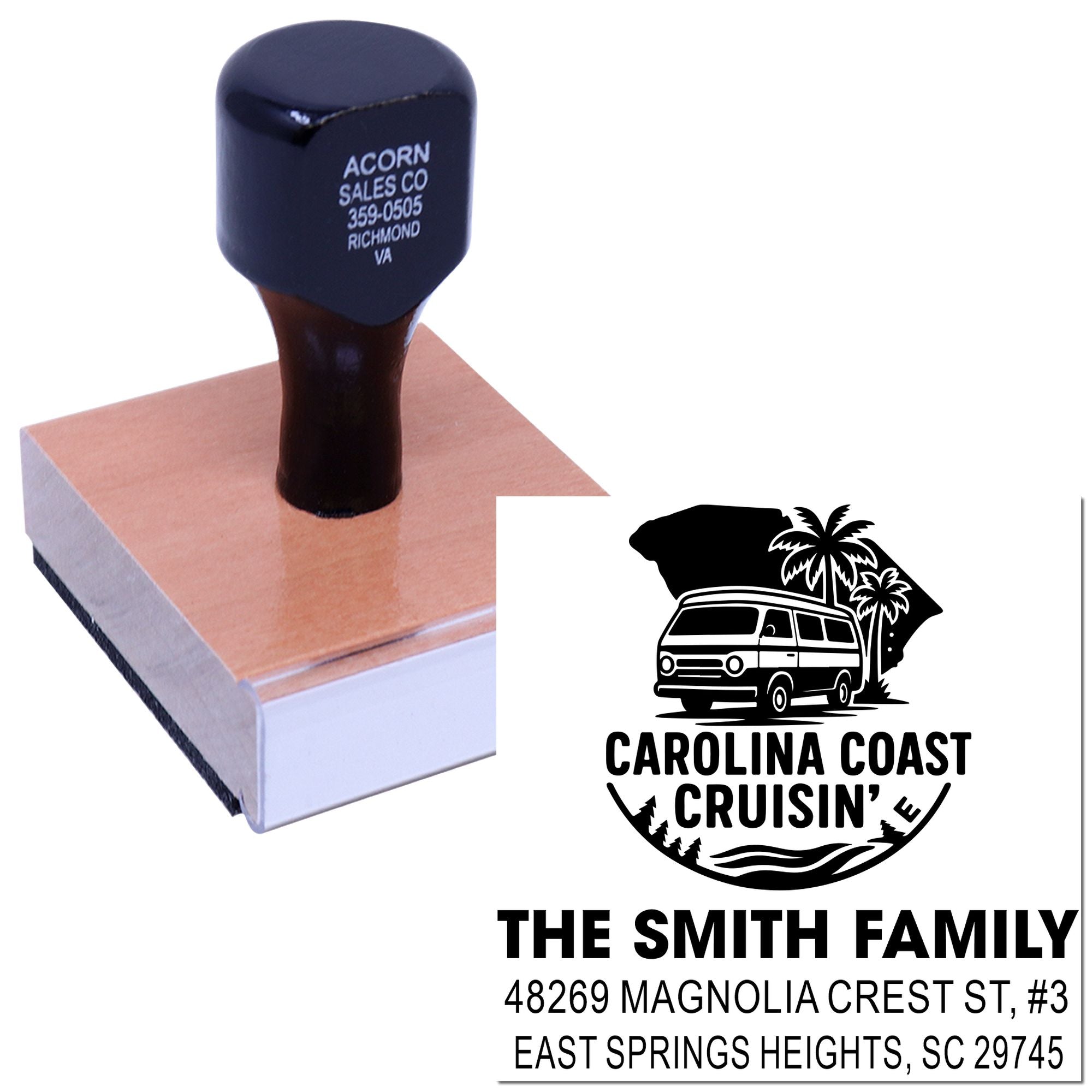 Custom rubber stamp with coastal family logo and address imprint for personalized mailing and branding use.