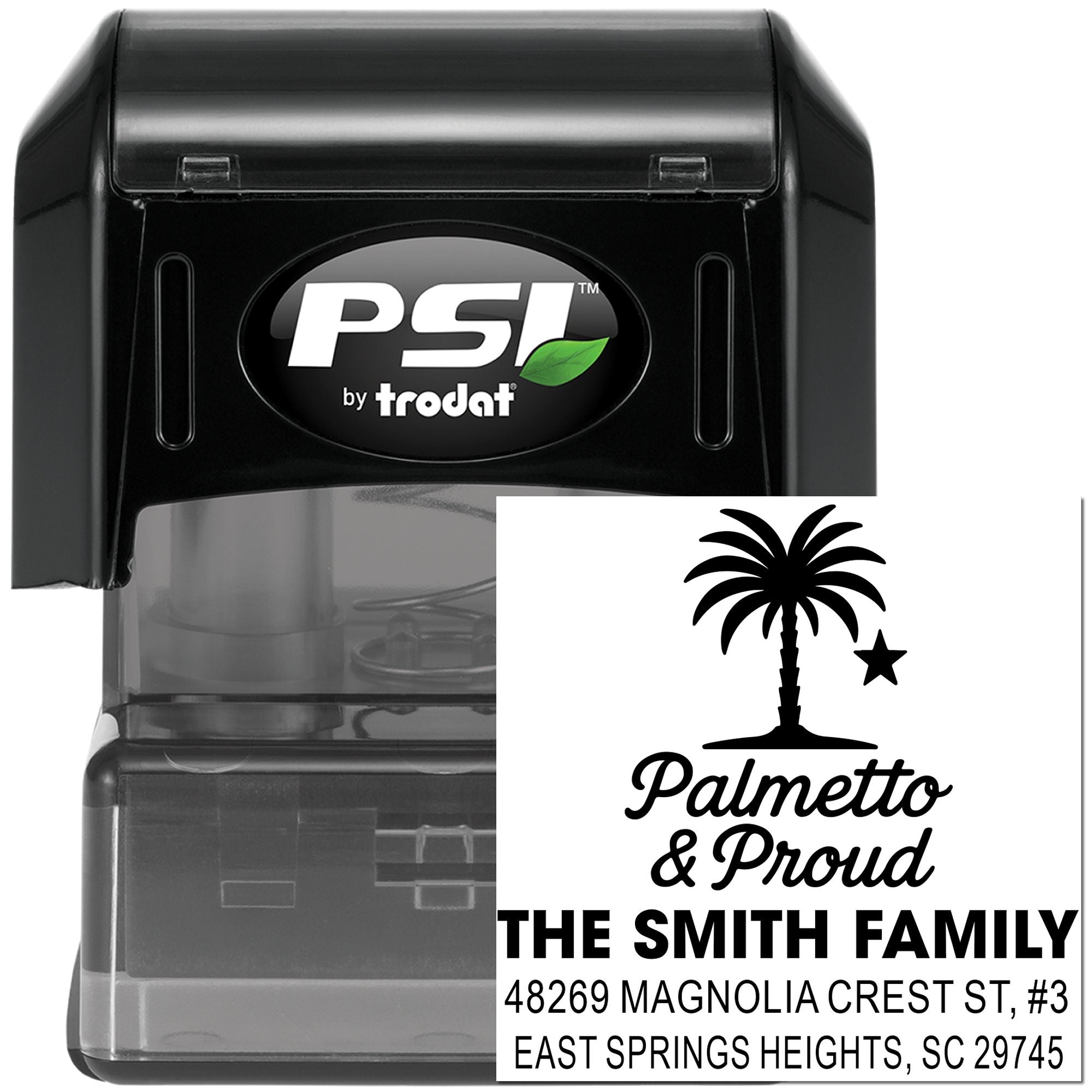 Custom self-inking address rubber stamp with Palmetto & Proud South Carolina family design by PSI by Trodat.