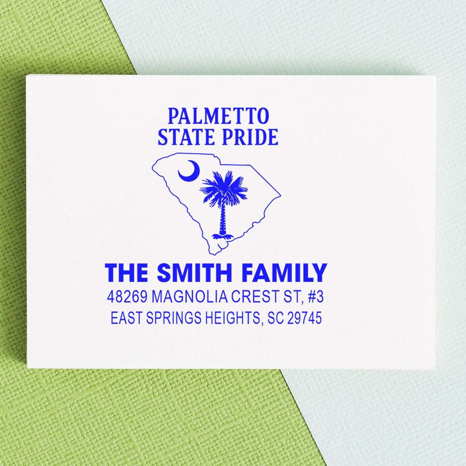 Custom South Carolina return address rubber stamp with Palmetto State Pride design and Smith family name.