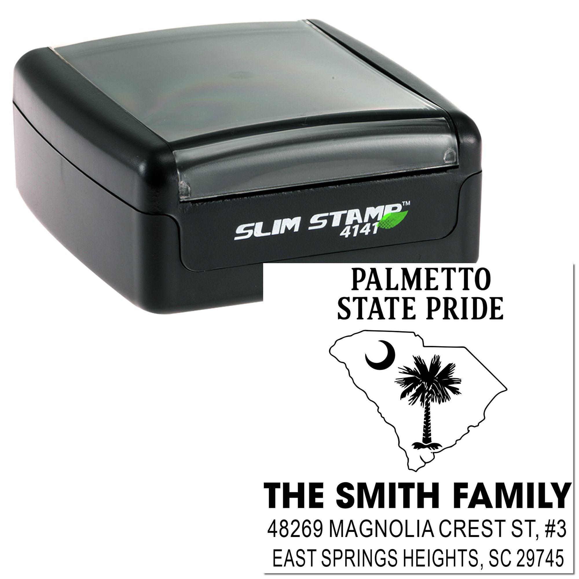 Slim Stamp 4141 custom address rubber stamp with Palmetto State Pride South Carolina family return address design