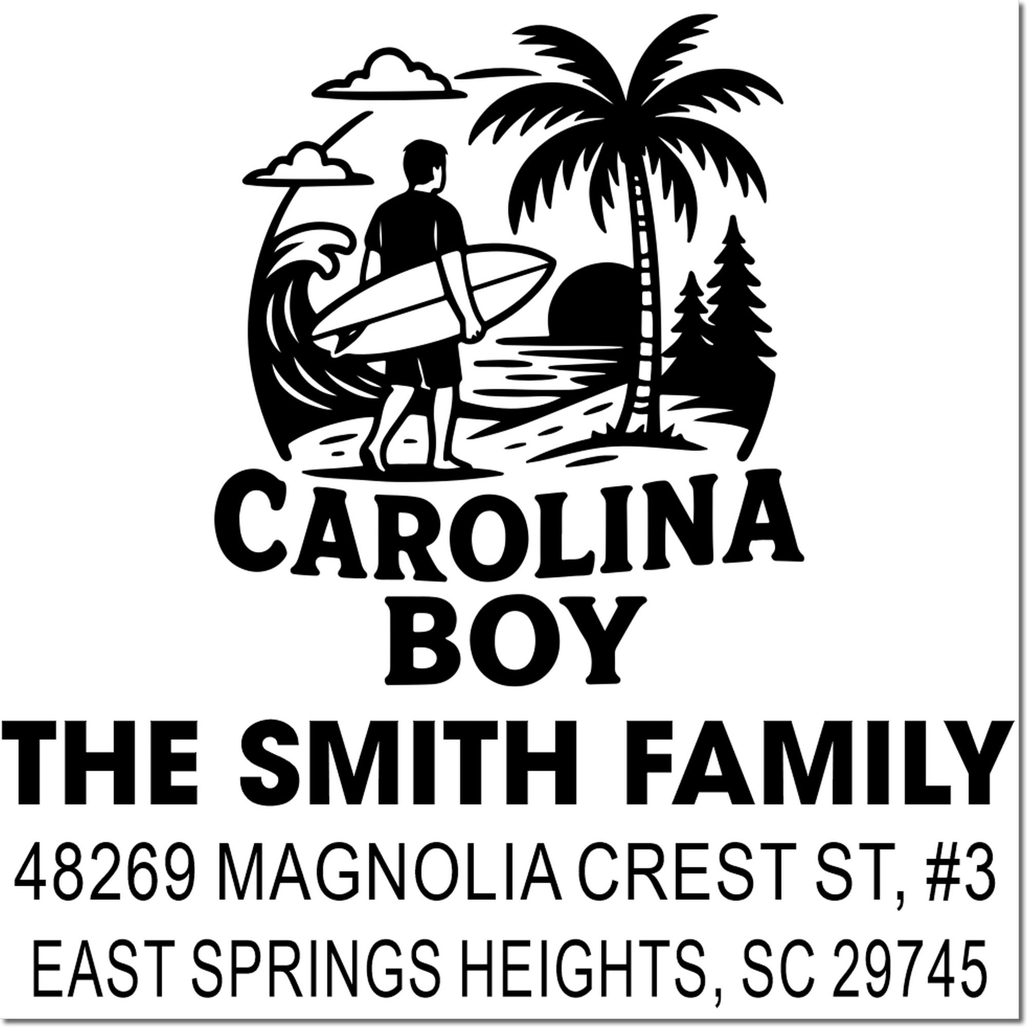 Custom Carolina Boy family address rubber stamp with surfer design for The Smith Family, East Springs Heights, SC