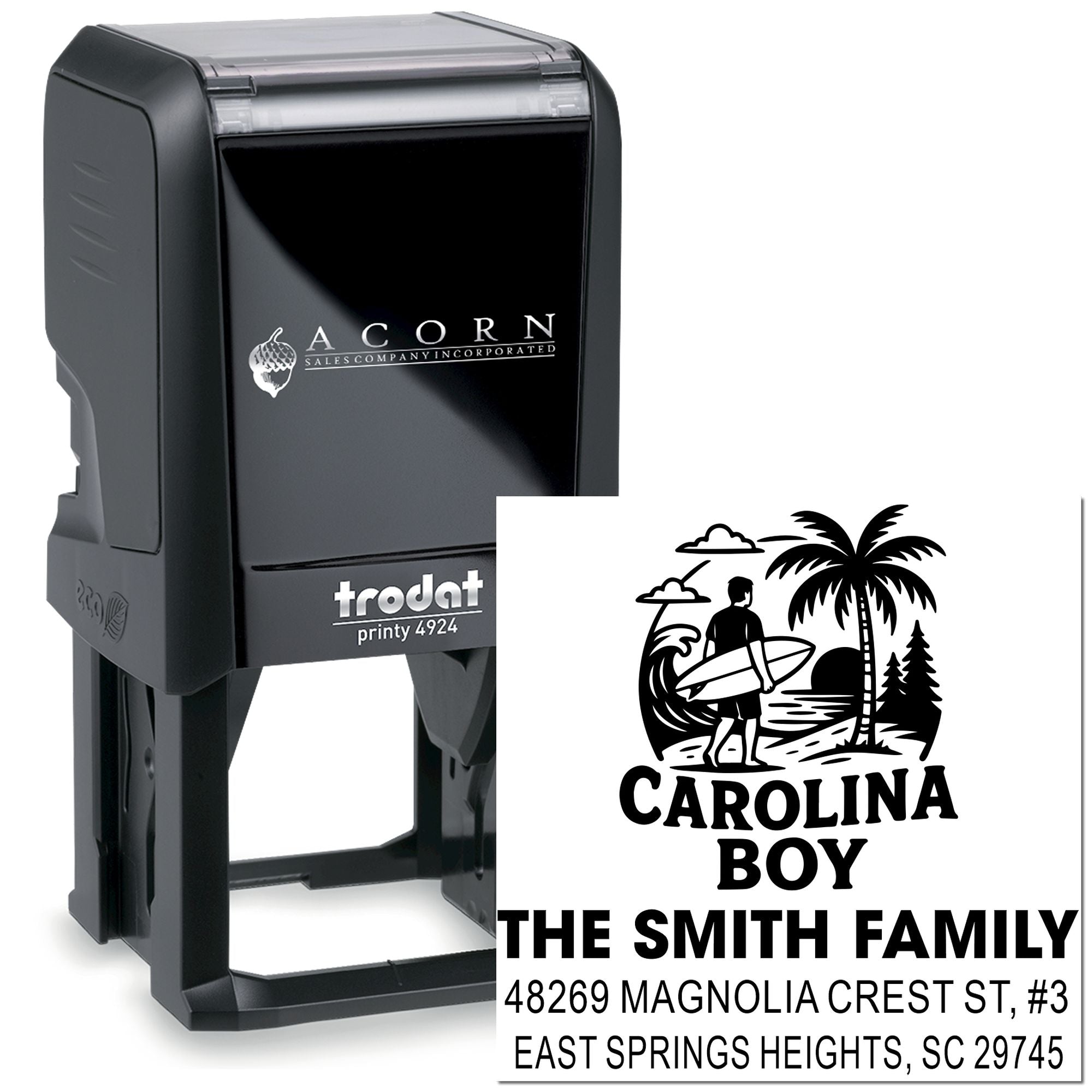 Trodat Printy 4924 custom self-inking rubber stamp with beach surfer design for family name and address.