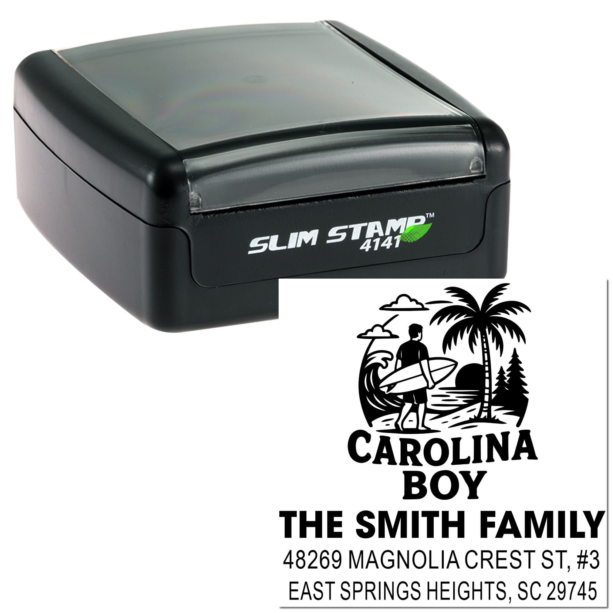 Self-inking custom rubber stamp with personalized Carolina Boy return address design for mailing, branding, and small business use