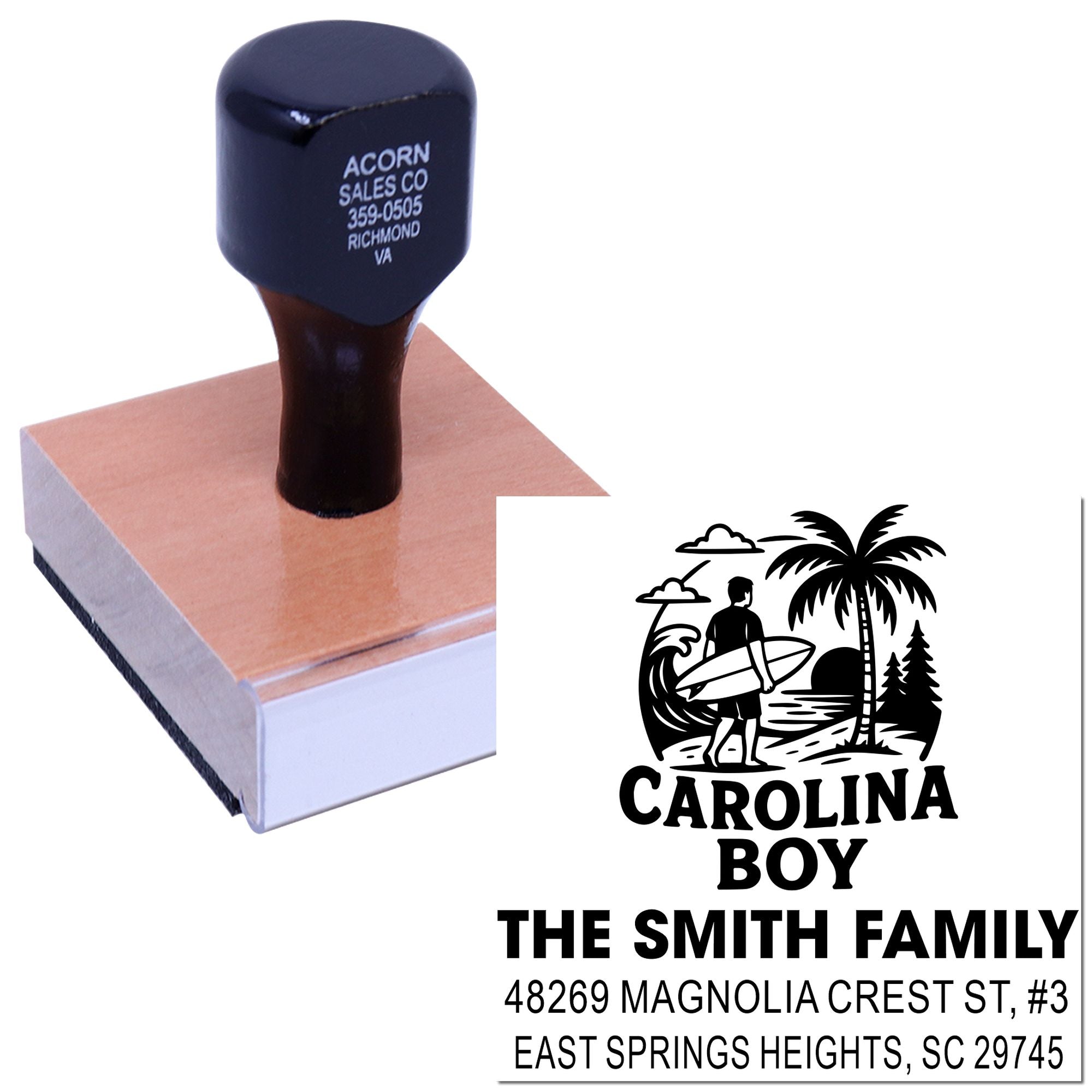 Custom rubber stamp with Carolina Boy logo and return address imprint, shown mounted on a stamp block.