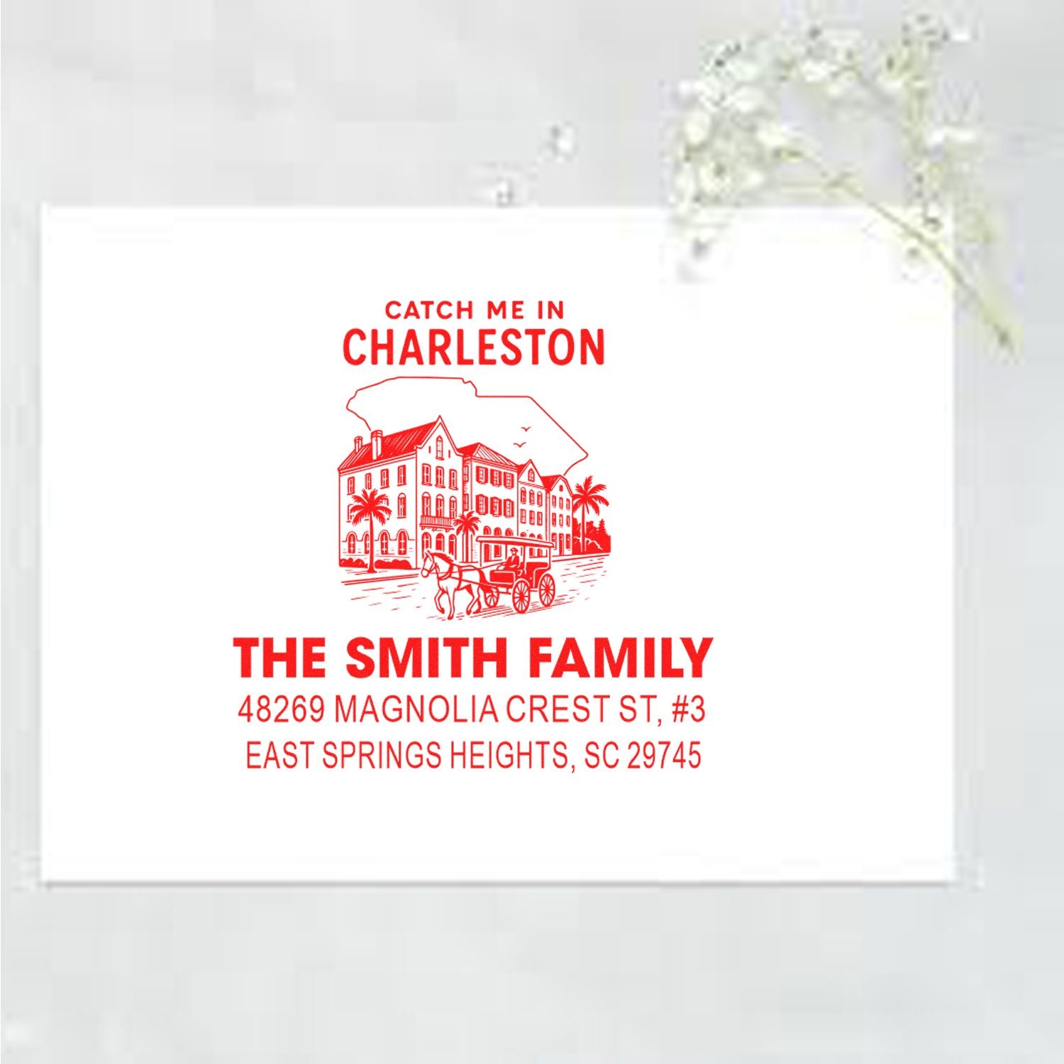 Custom Charleston return address rubber stamp with horse carriage artwork, The Smith Family name, and address.