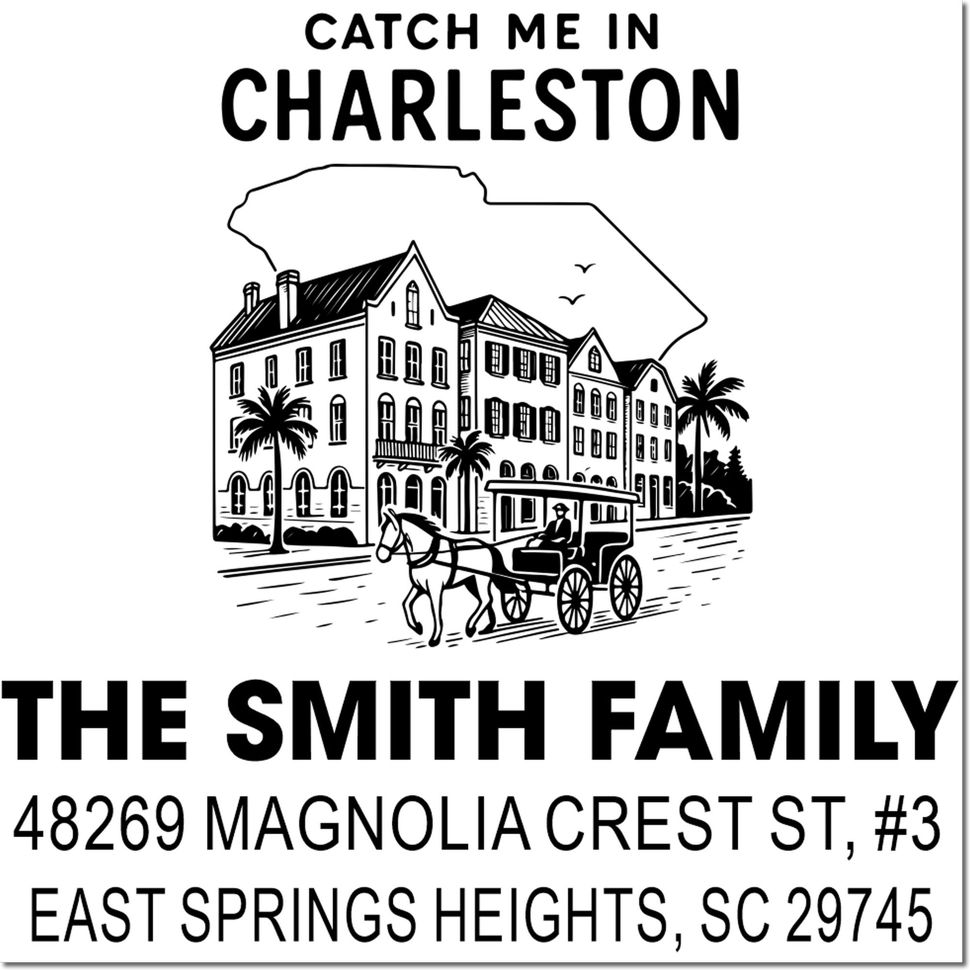 Personalized Charleston return address rubber stamp with horse carriage art and The Smith Family, East Springs Heights, SC.
