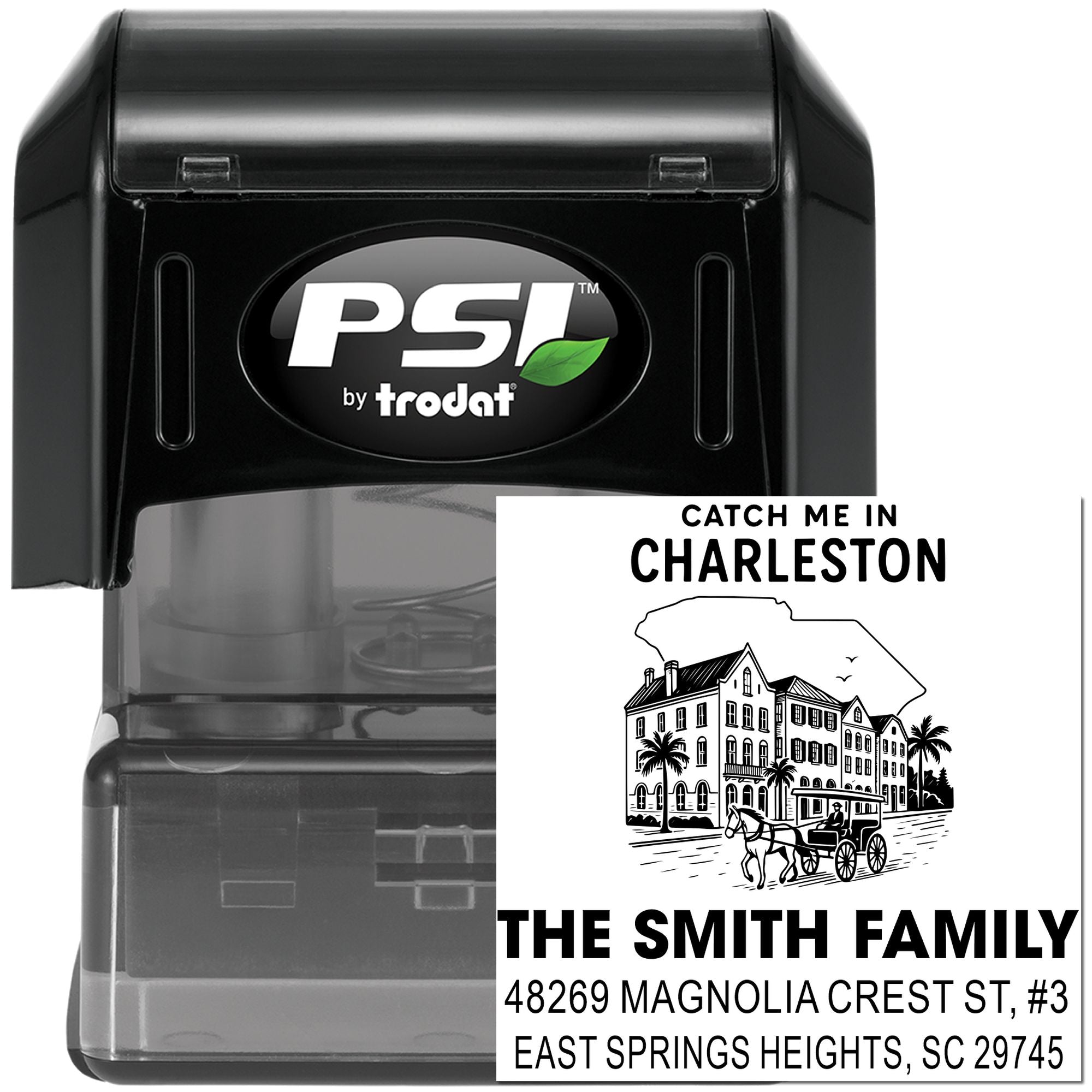 Custom self-inking rubber stamp by PSI Trodat for a Charleston family return address design
