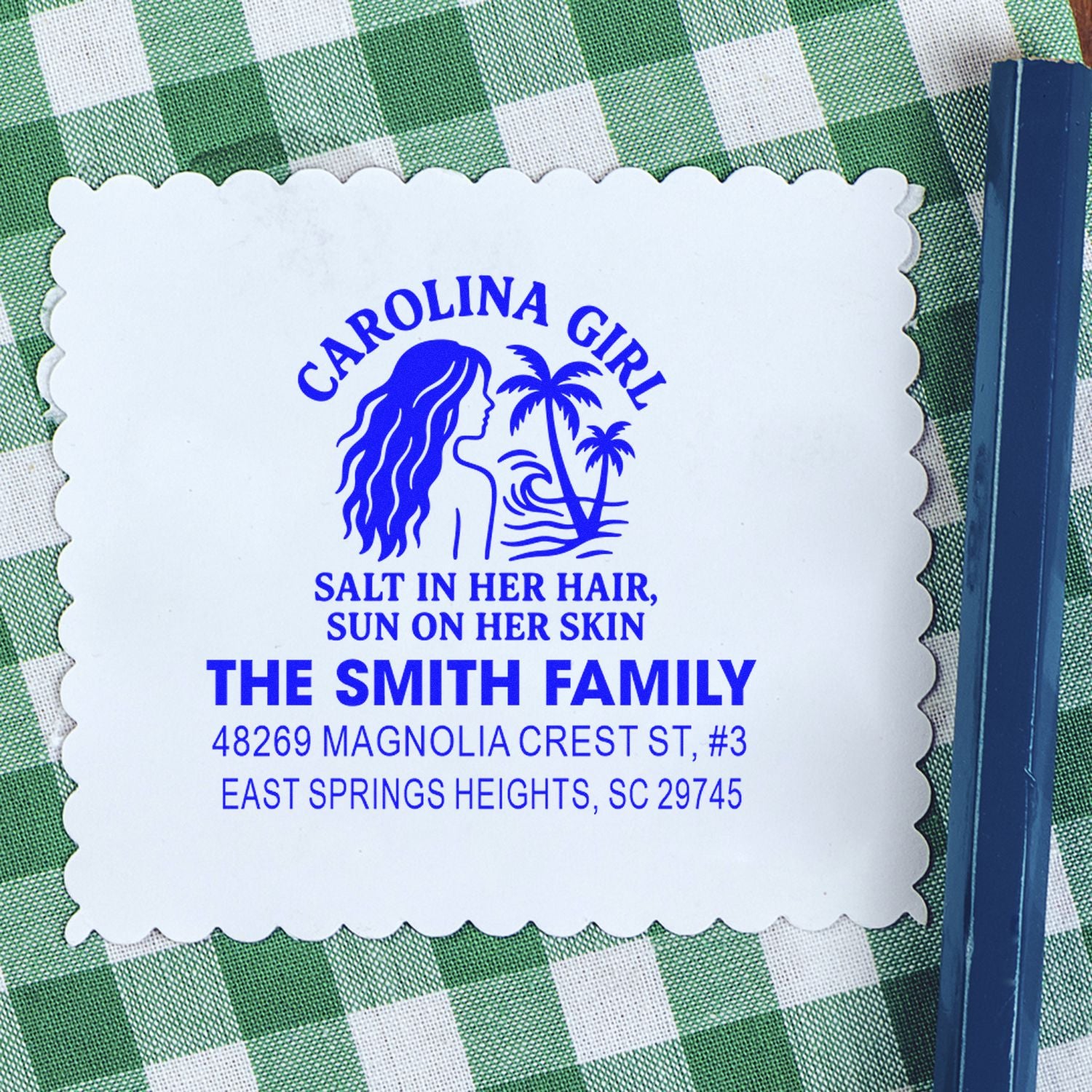 Custom Carolina Girl rubber stamp with The Smith Family return address and beach palm design.