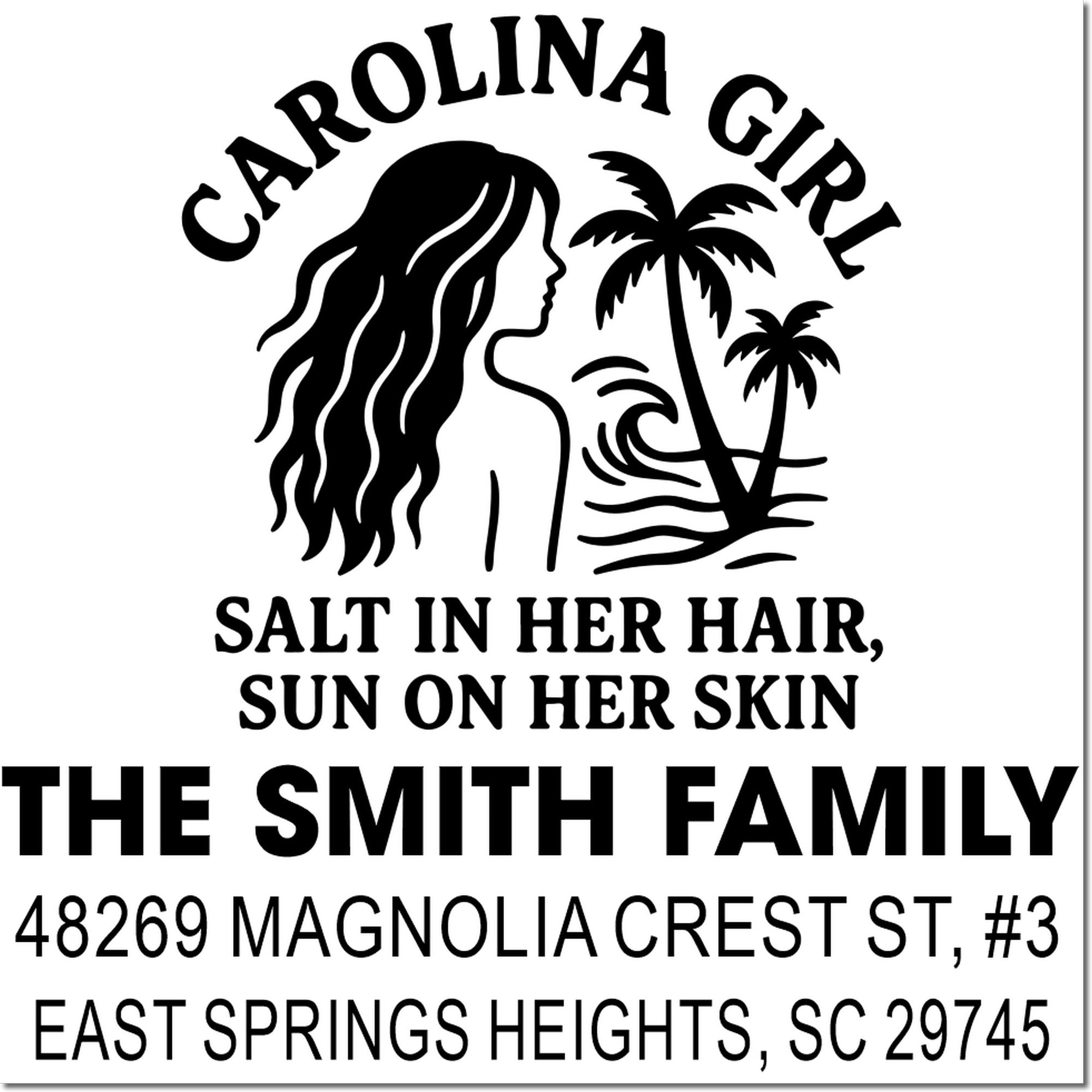 Custom Carolina Girl family return address rubber stamp for The Smith Family, East Springs Heights, SC 29745