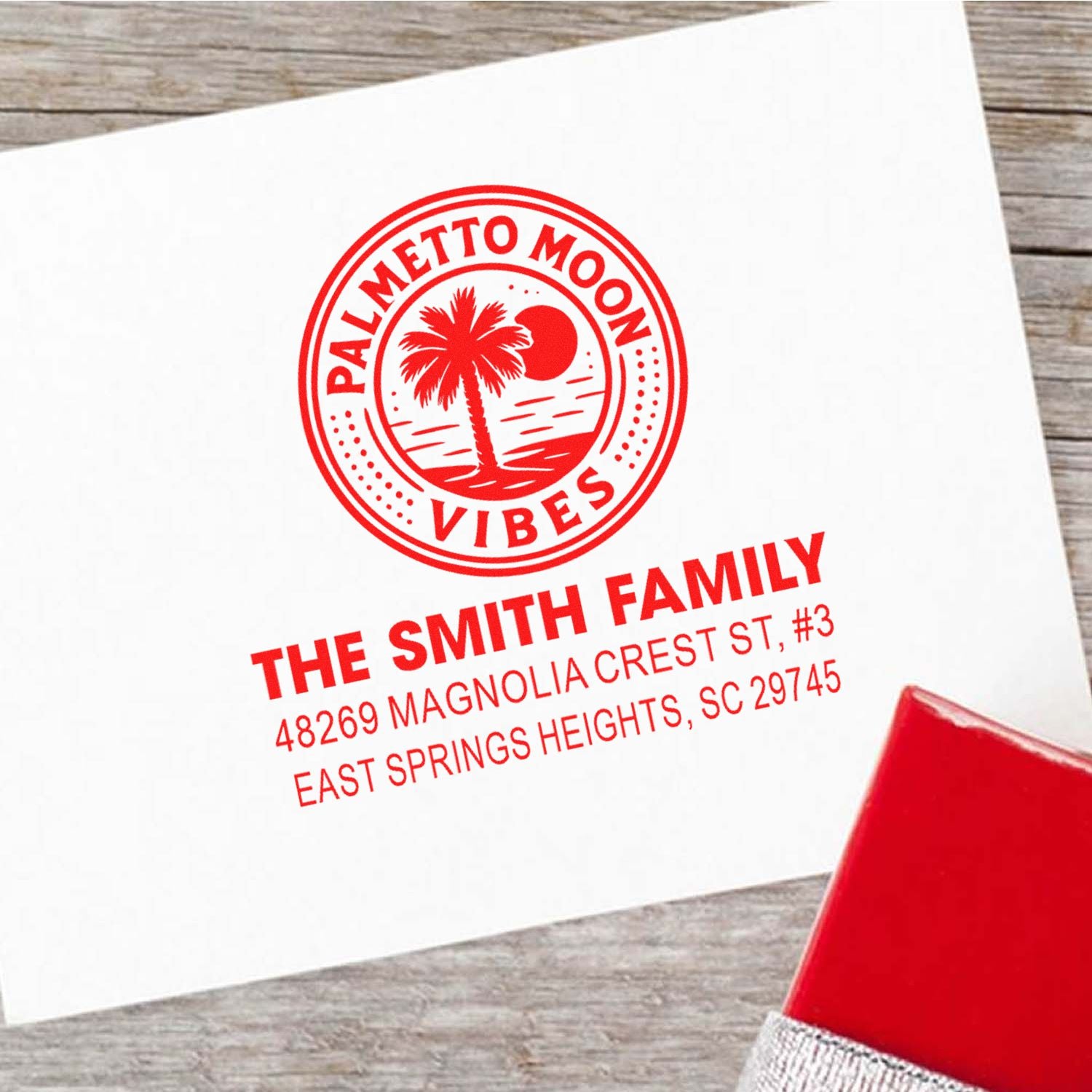 Personalized return address rubber stamp with Palmetto Moon Vibes palm tree design for family mail and stationery.
