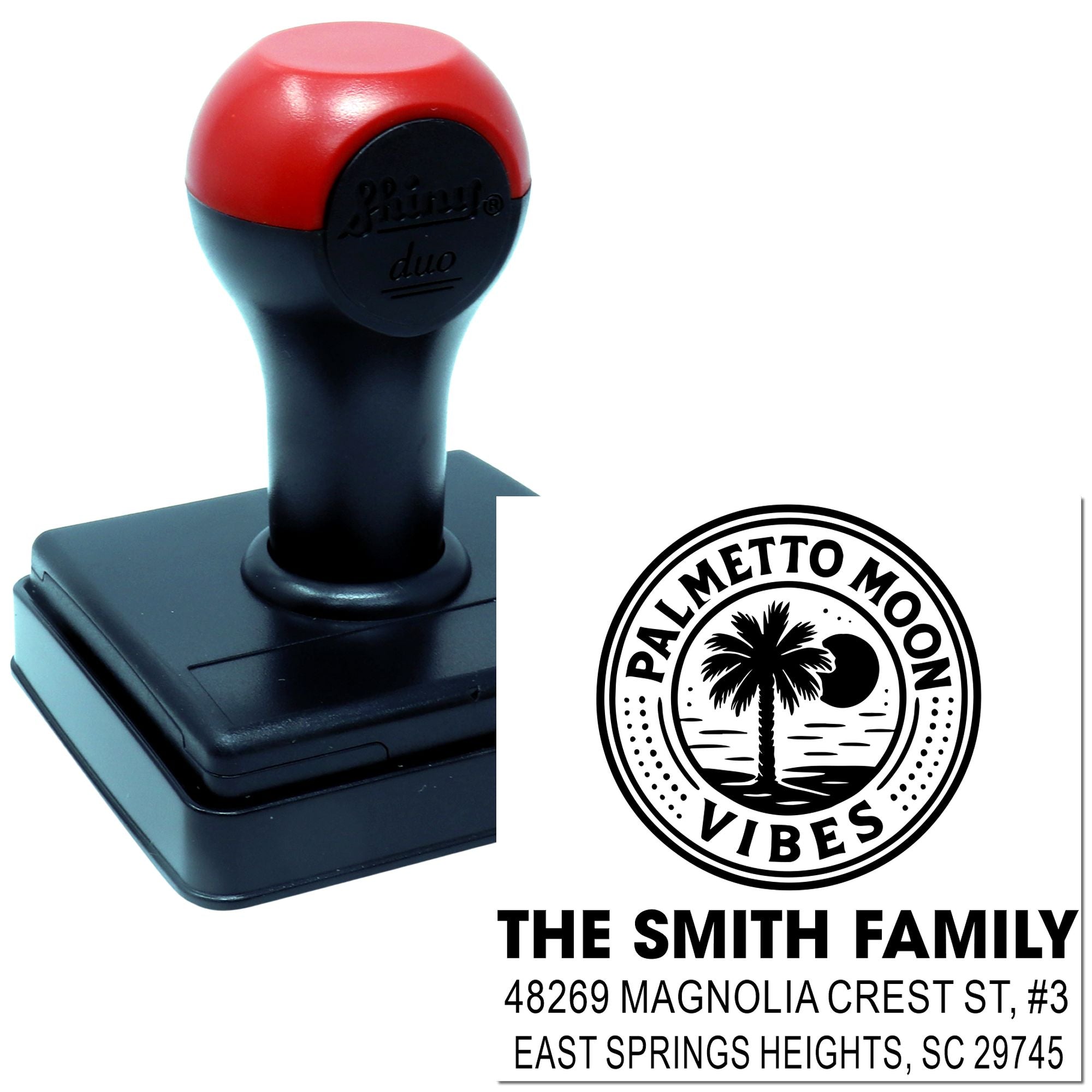 Custom self-inking rubber stamp with Palmetto Moon Vibes return address design for The Smith Family.