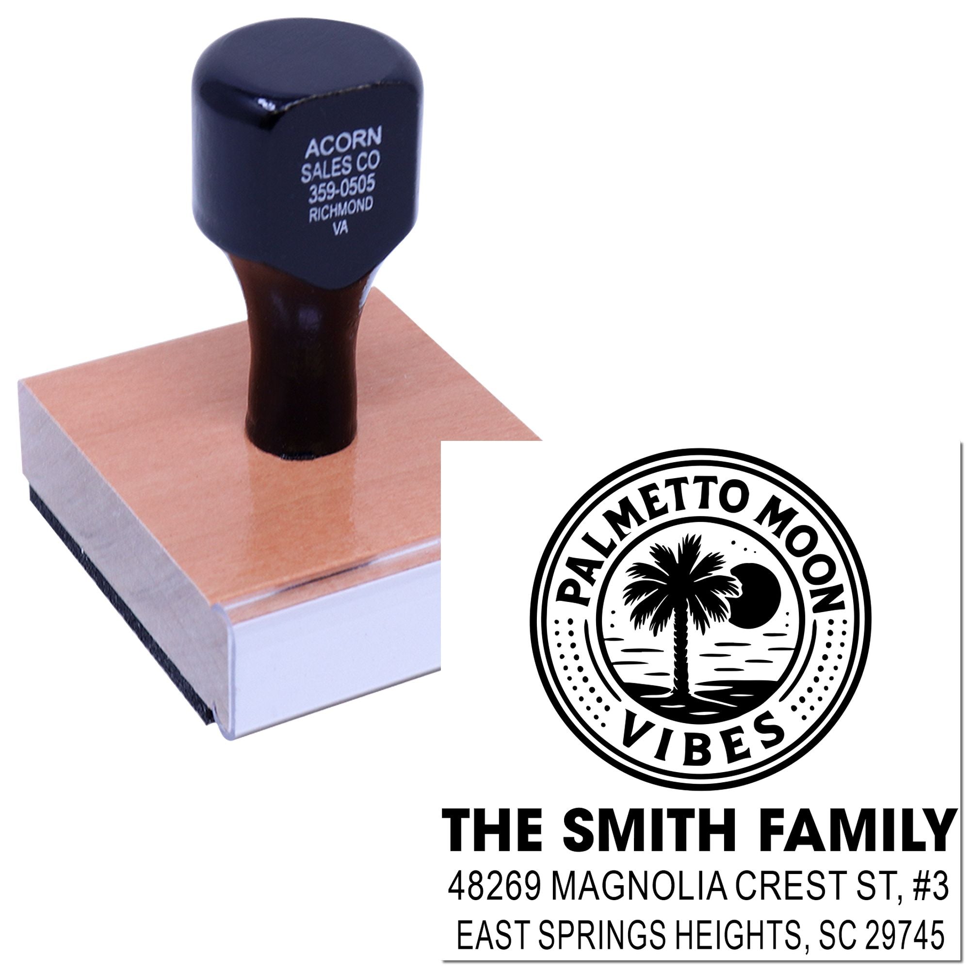 Custom rubber stamp with Palmetto Moon Vibes family address design for personalized mail and branding.