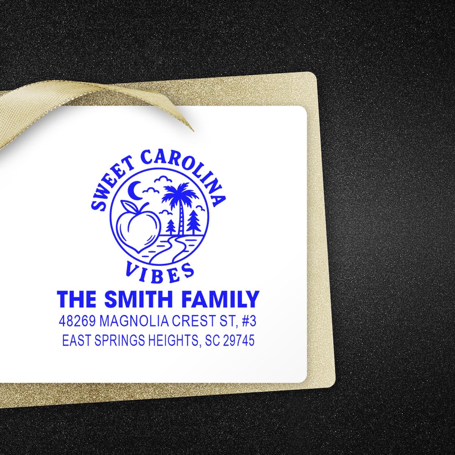 Personalized rubber stamp with Sweet Carolina Vibes design, The Smith Family name, and return address for stationery.