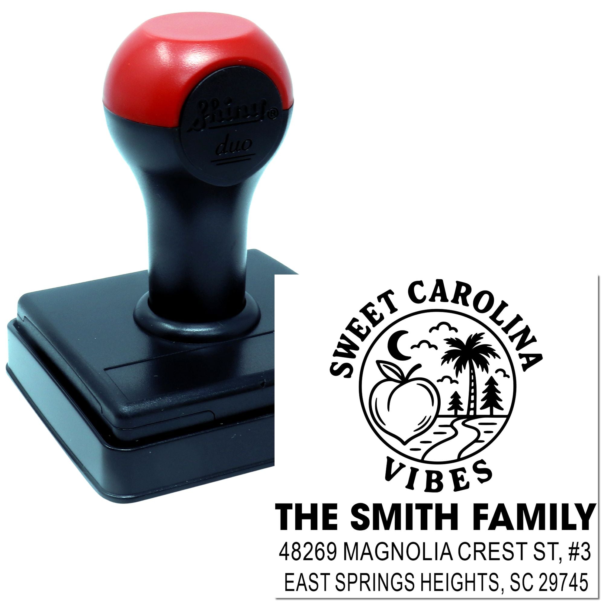 Custom self-inking rubber address stamp with Sweet Carolina Vibes logo for The Smith Family, featuring name and South Carolina address.