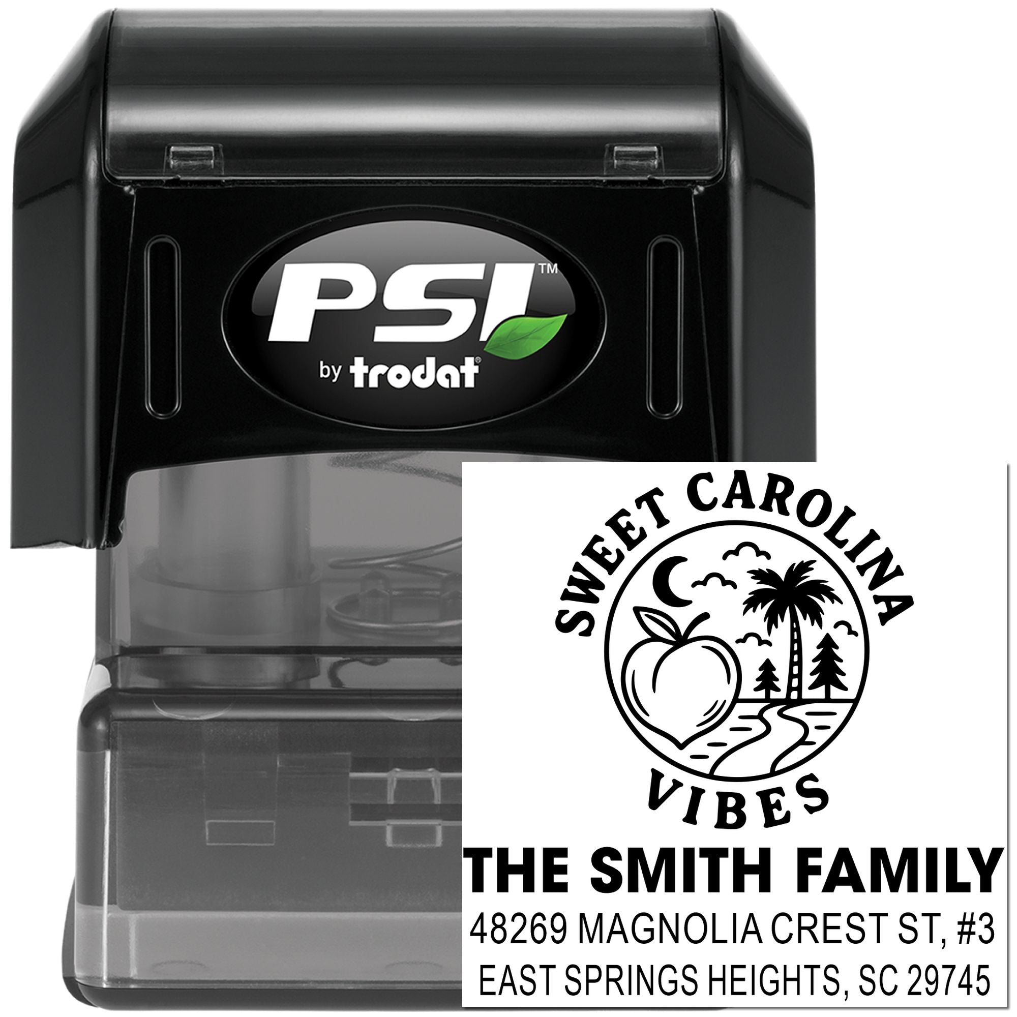Custom self-inking rubber stamp for family address and logo, featuring a Sweet Carolina Vibes design by PSI by Trodat.
